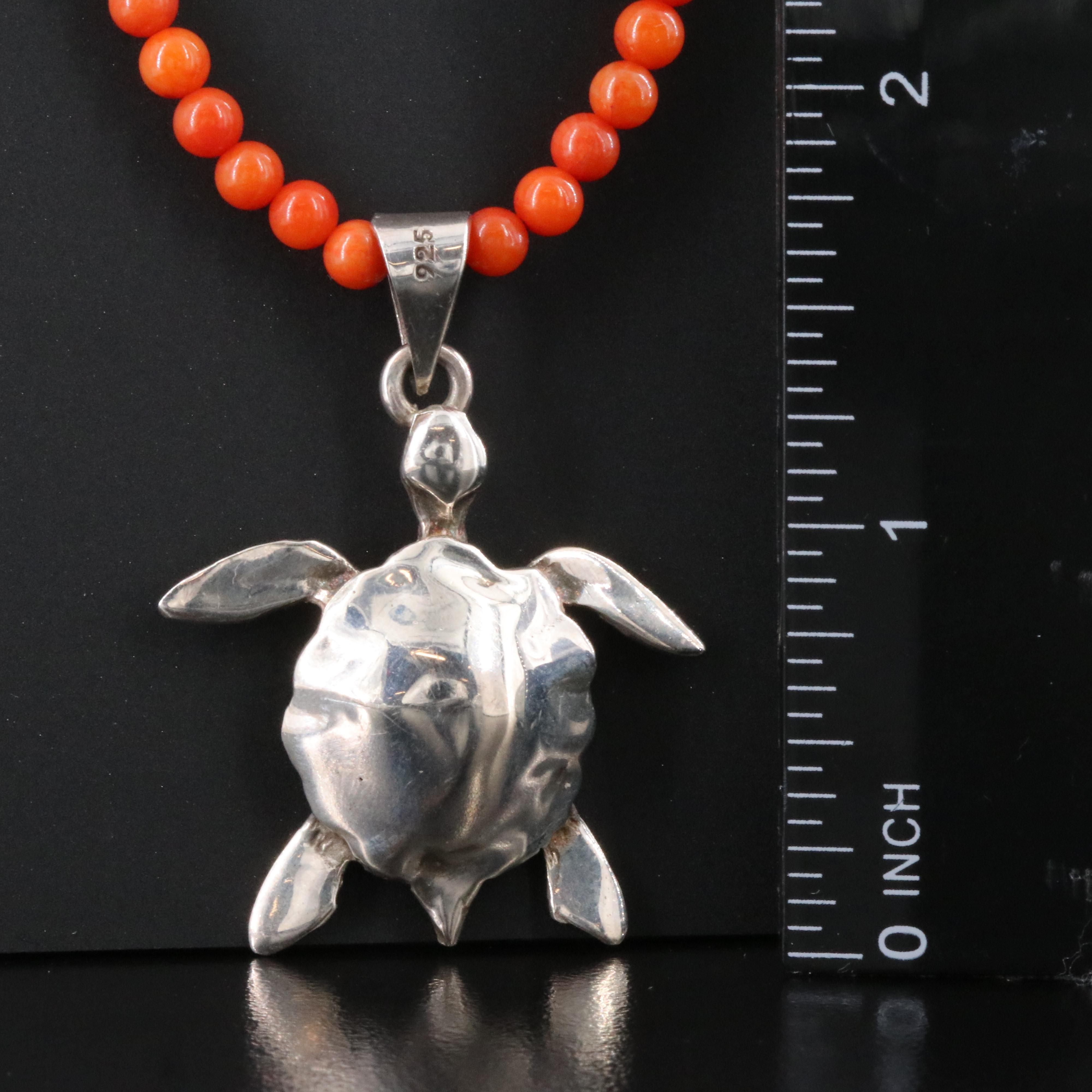 Sterling Turtle Pendant and Coral Necklace