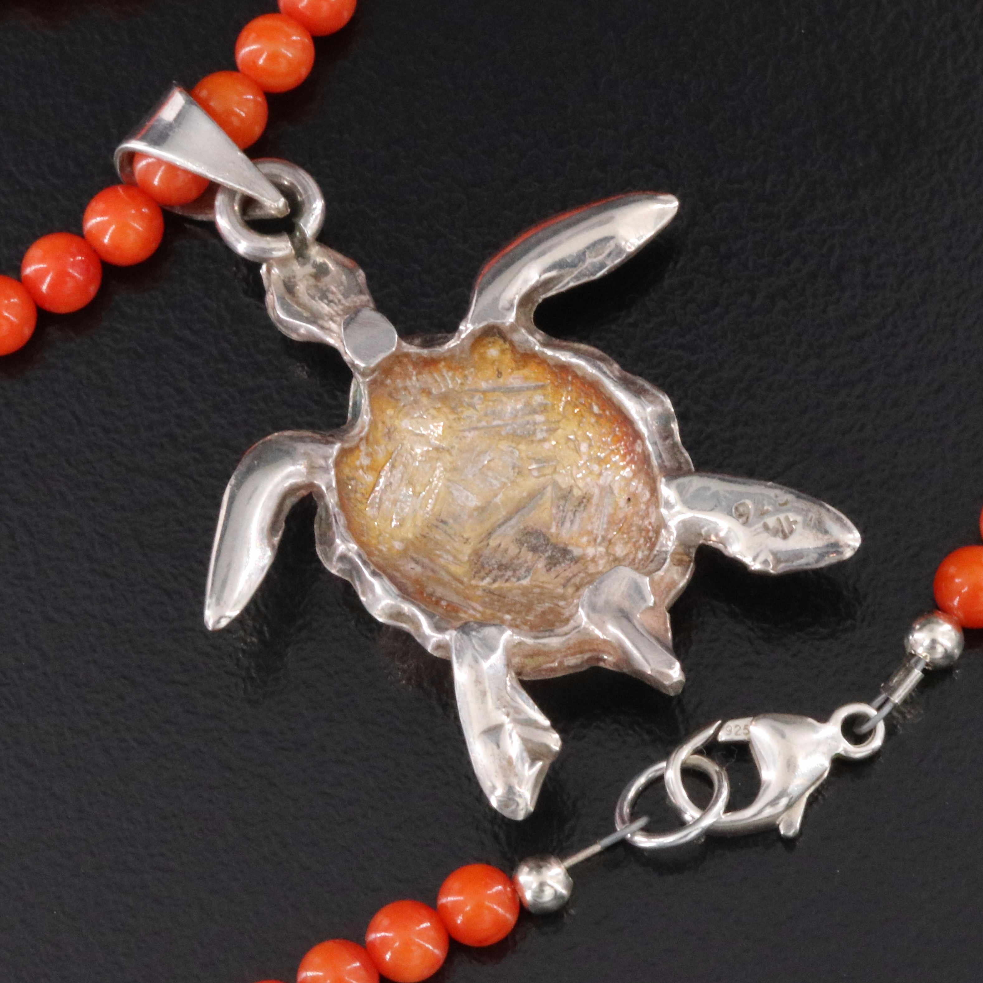 Sterling Turtle Pendant and Coral Necklace