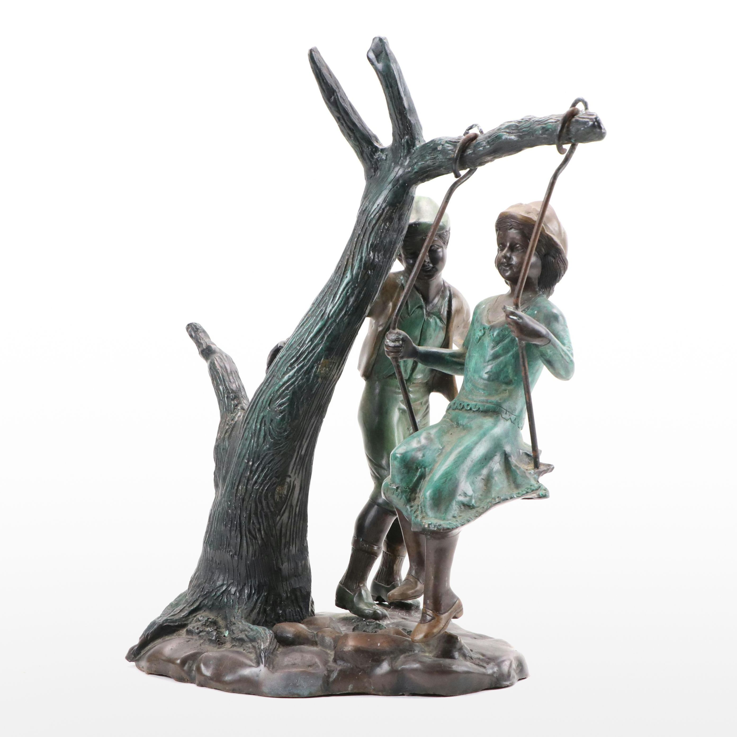 Cast Bronze Sculpture of Children and Swing, Early 20th Century