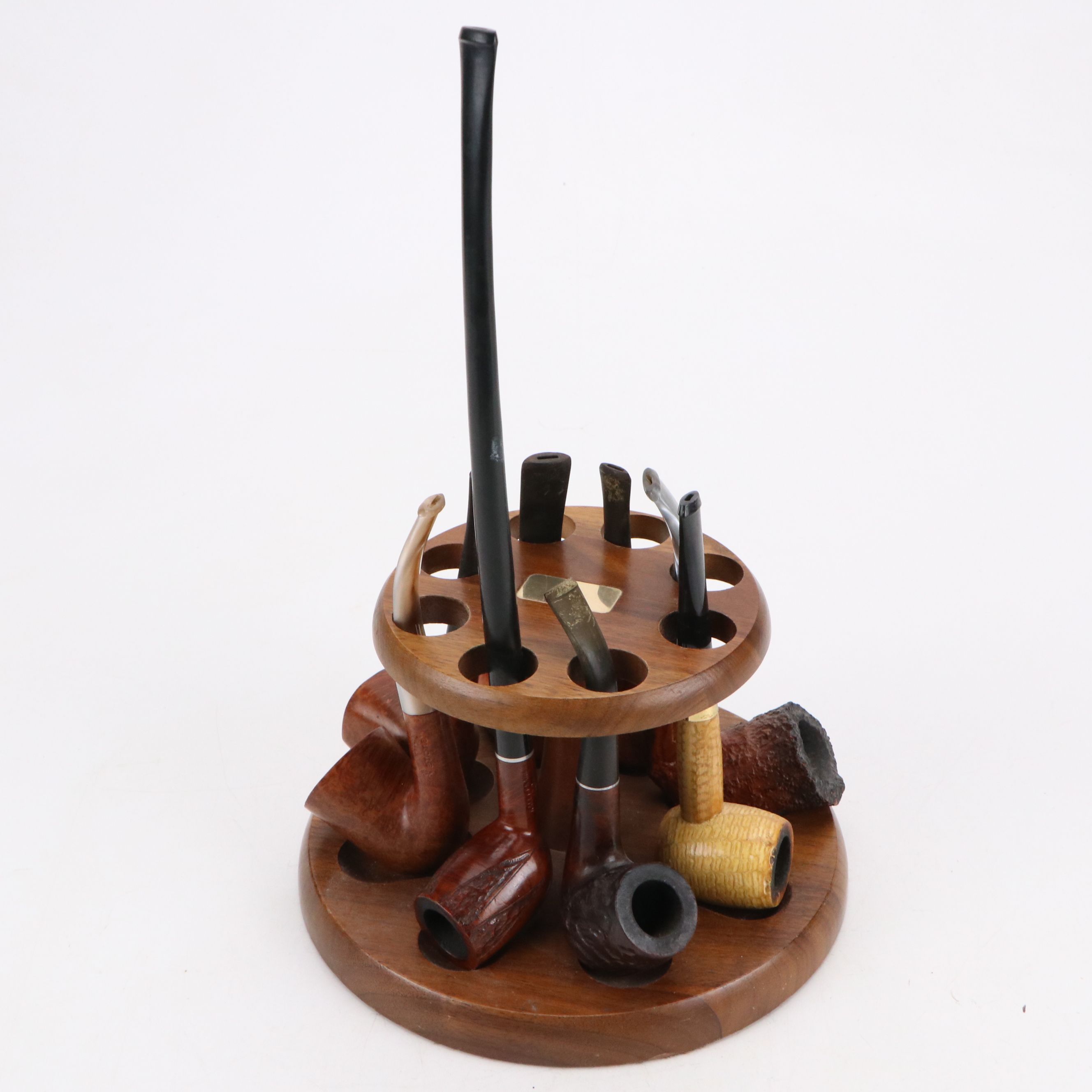 John Cowden Signed Carving with Walnut Pipe Stand, Corncob and Other Pipes