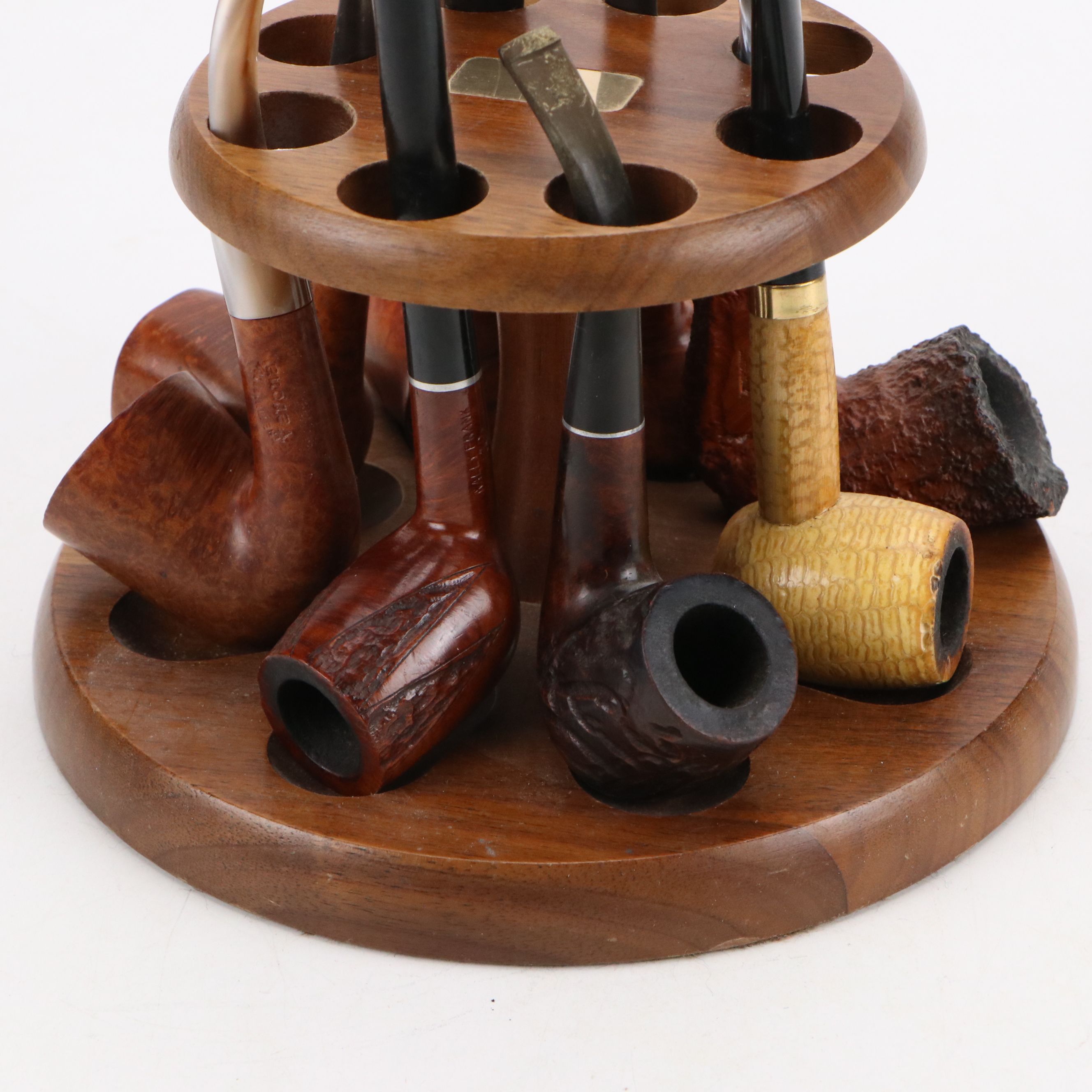 John Cowden Signed Carving with Walnut Pipe Stand, Corncob and Other Pipes