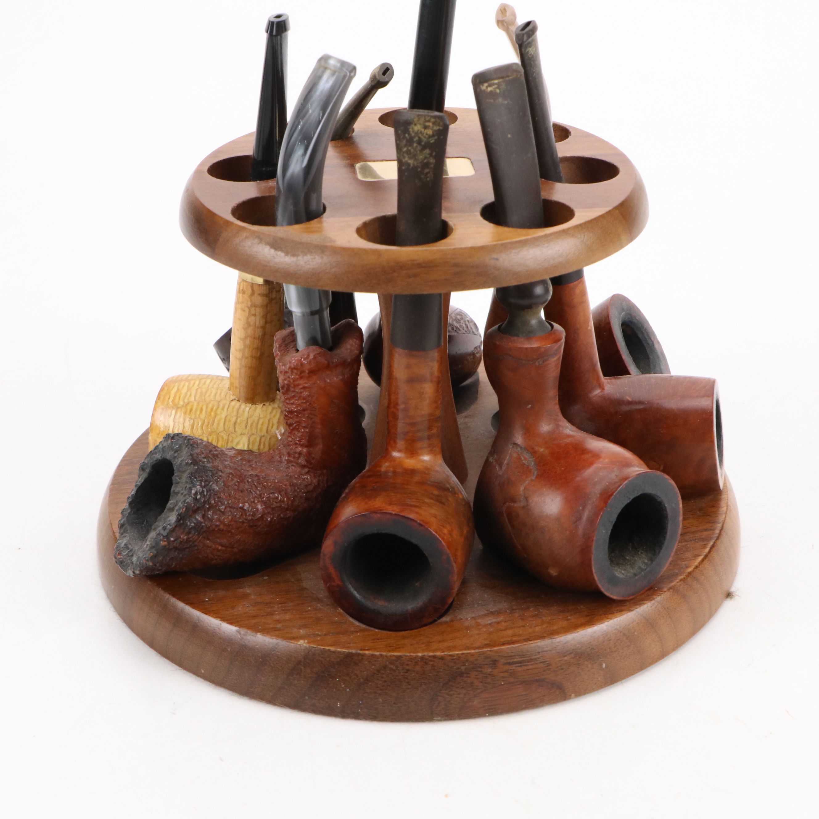 John Cowden Signed Carving with Walnut Pipe Stand, Corncob and Other Pipes