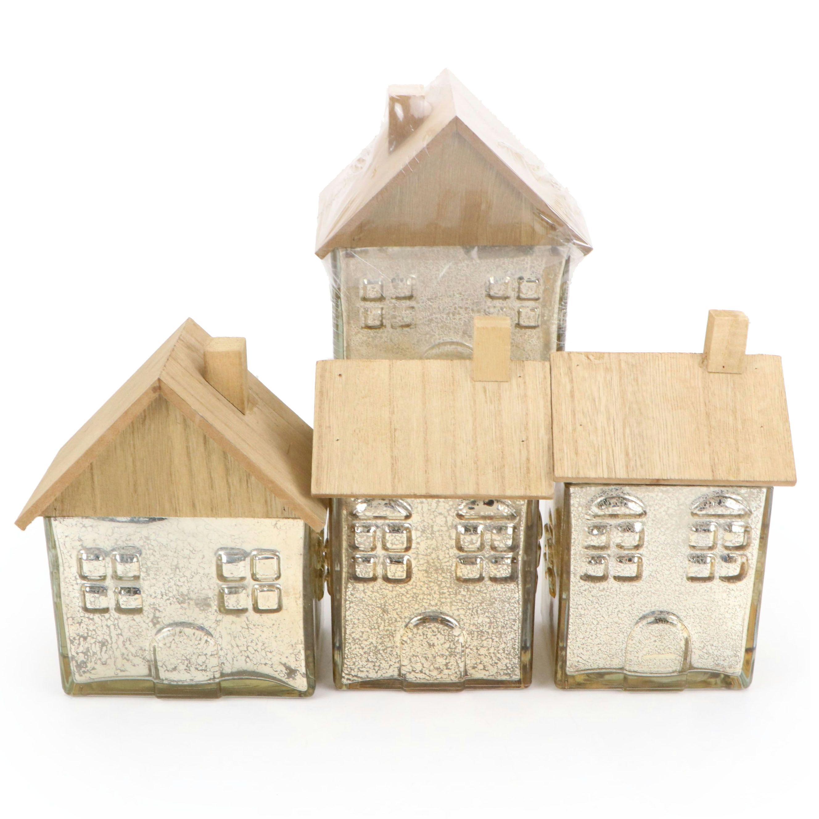 Set of Mercury Glass and Wood House Shaped Boxes