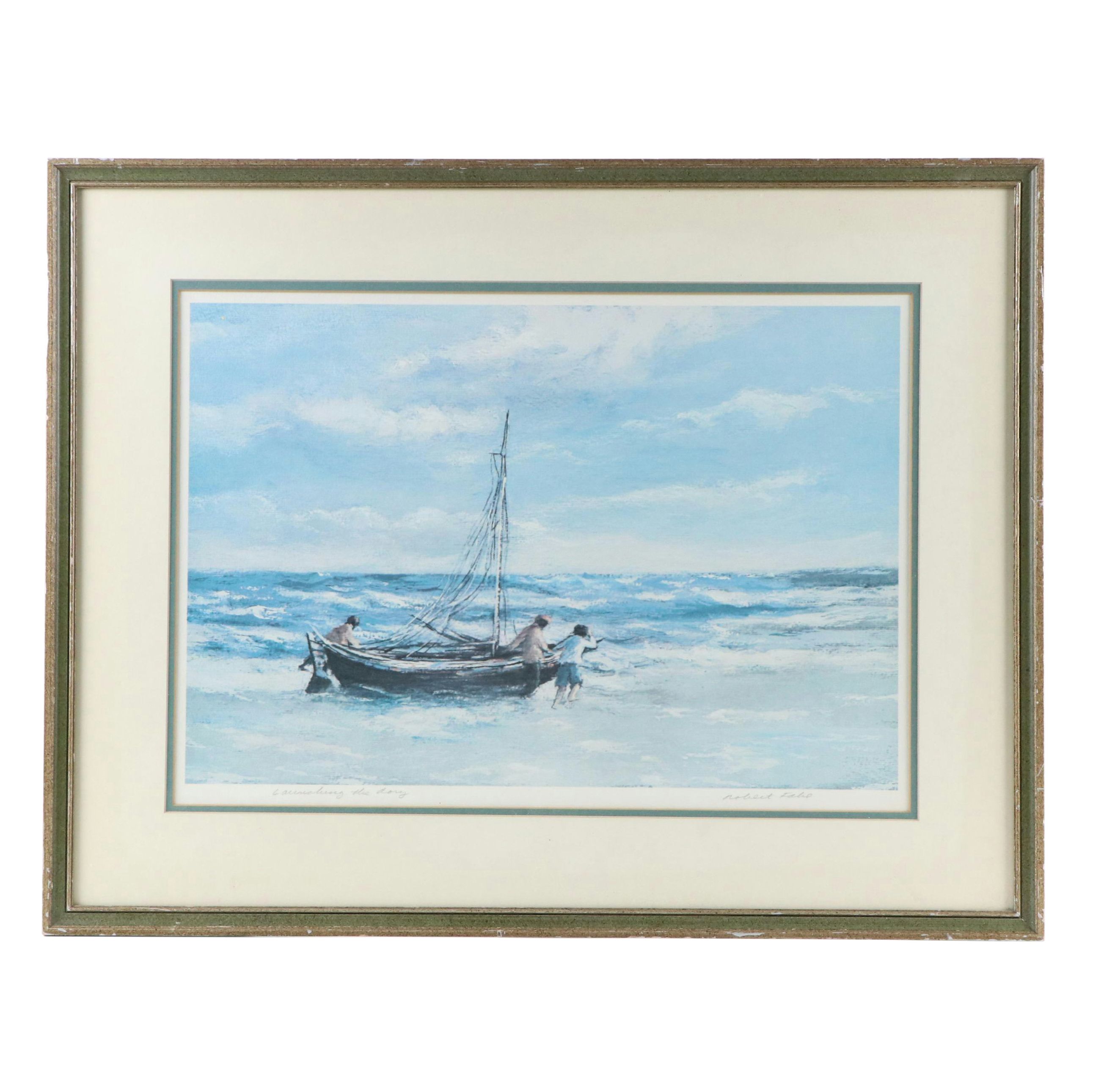 Robert Fabe Offset Lithograph "Launching the Dory," Mid-20th Century