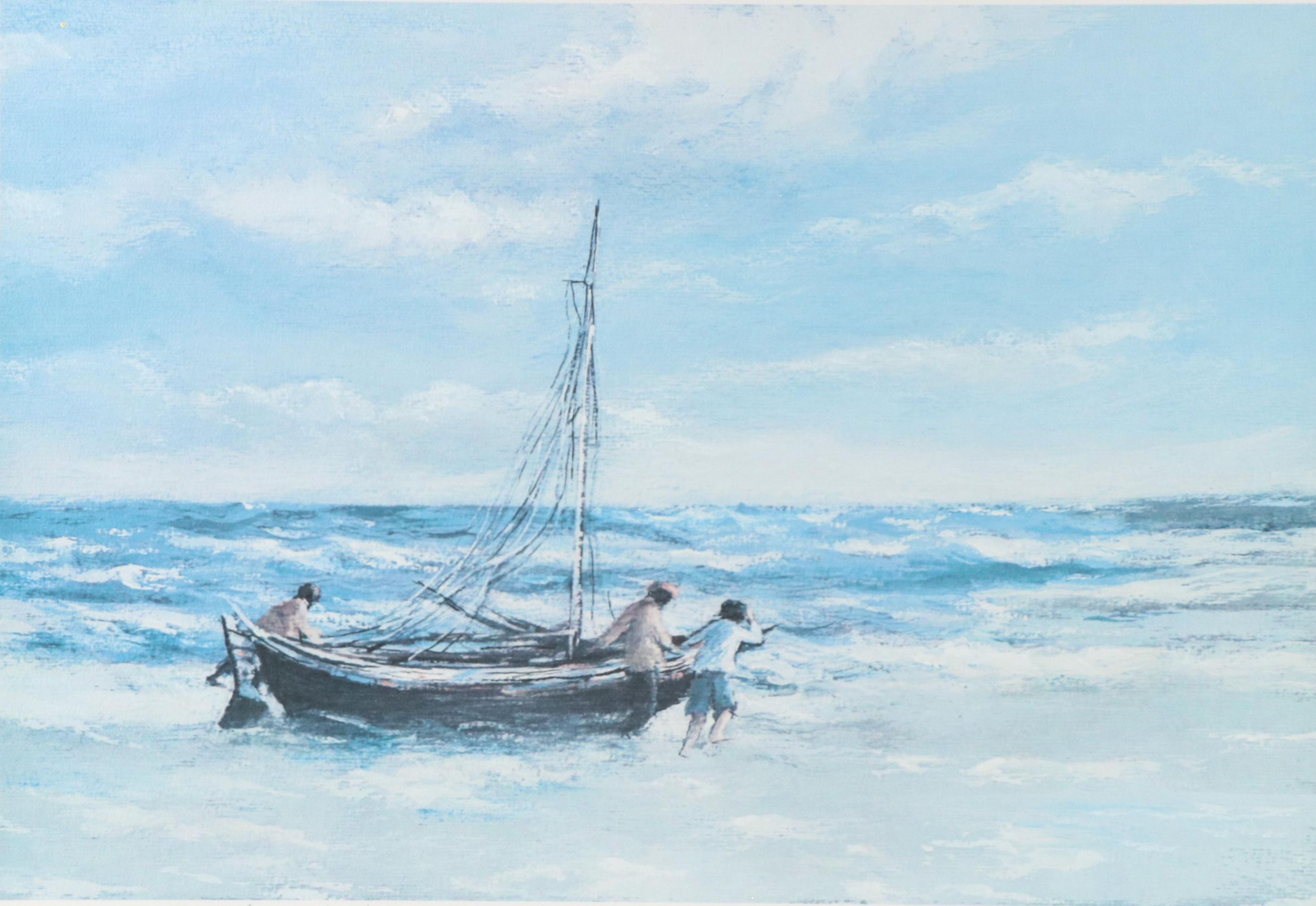 Robert Fabe Offset Lithograph "Launching the Dory," Mid-20th Century