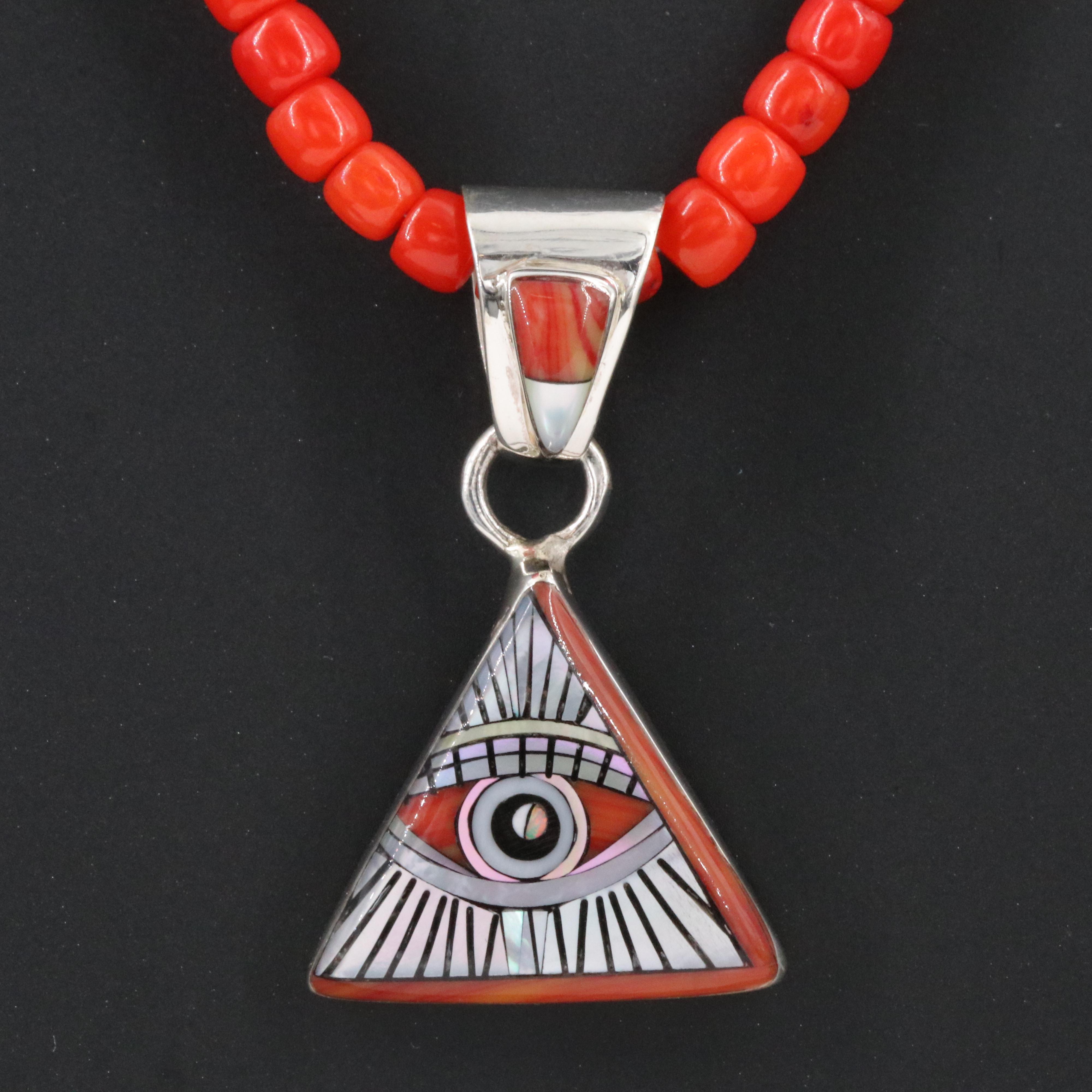 Sterling Coral and Mother-of-Pearl Eye of Providence Pendant Necklace