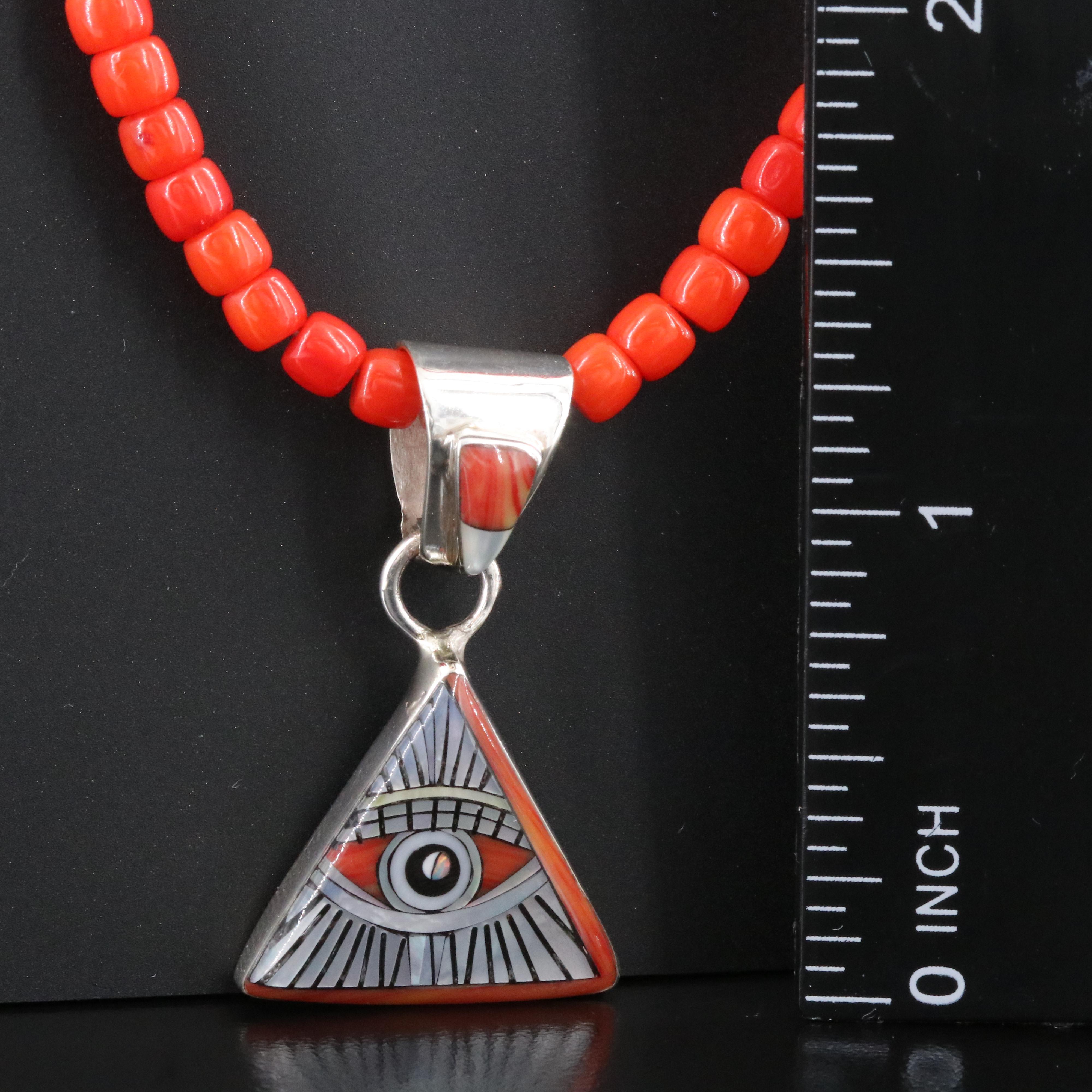 Sterling Coral and Mother-of-Pearl Eye of Providence Pendant Necklace