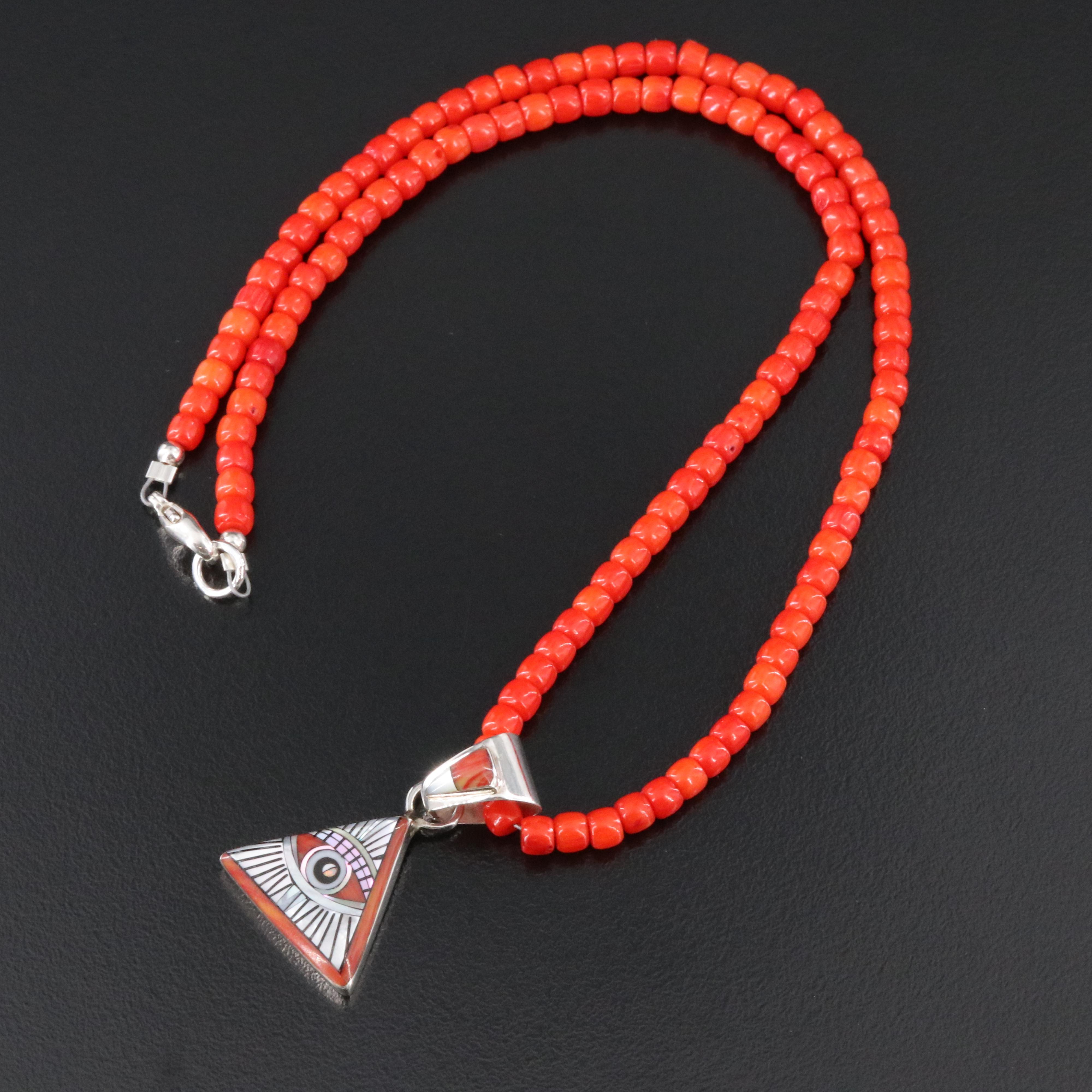 Sterling Coral and Mother-of-Pearl Eye of Providence Pendant Necklace