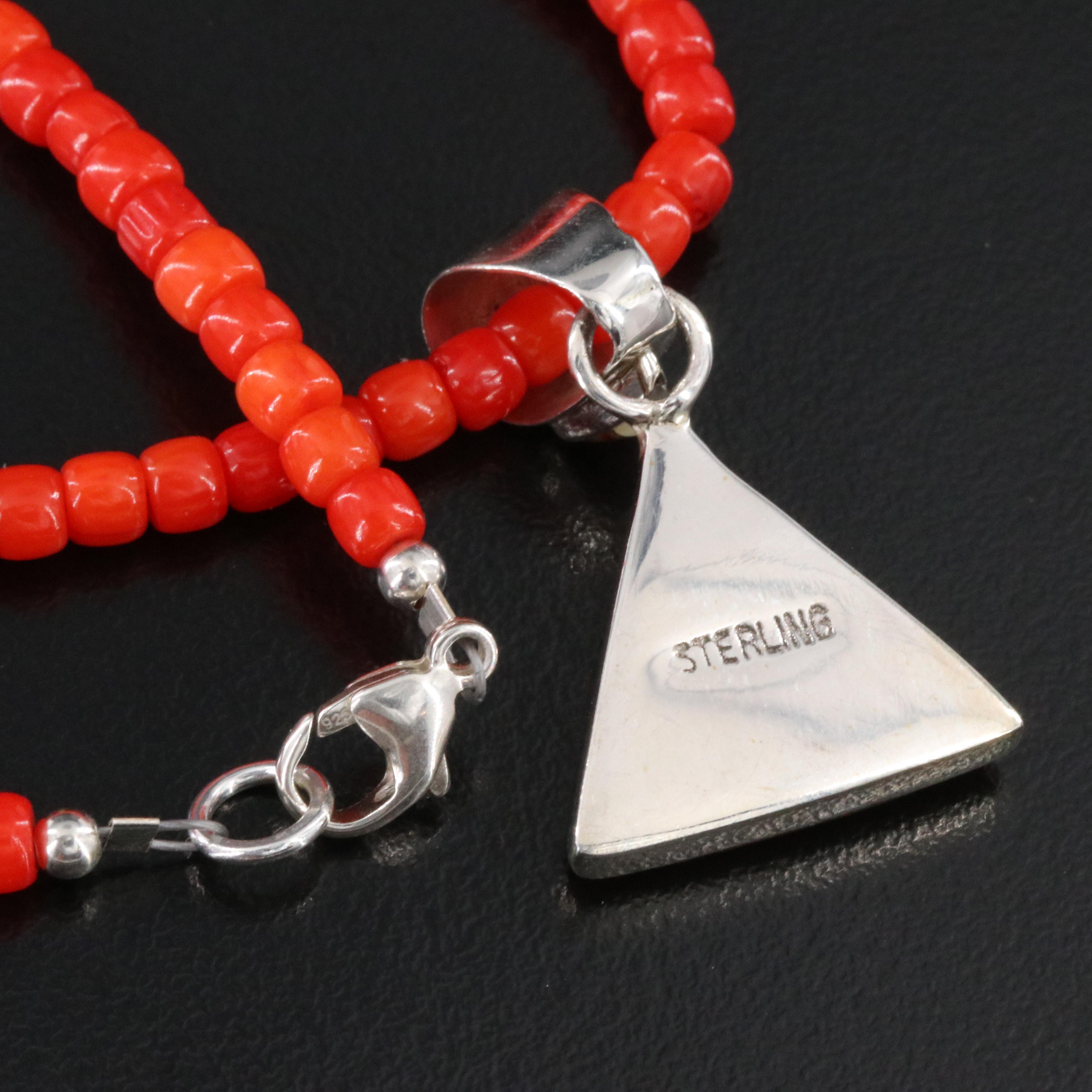 Sterling Coral and Mother-of-Pearl Eye of Providence Pendant Necklace