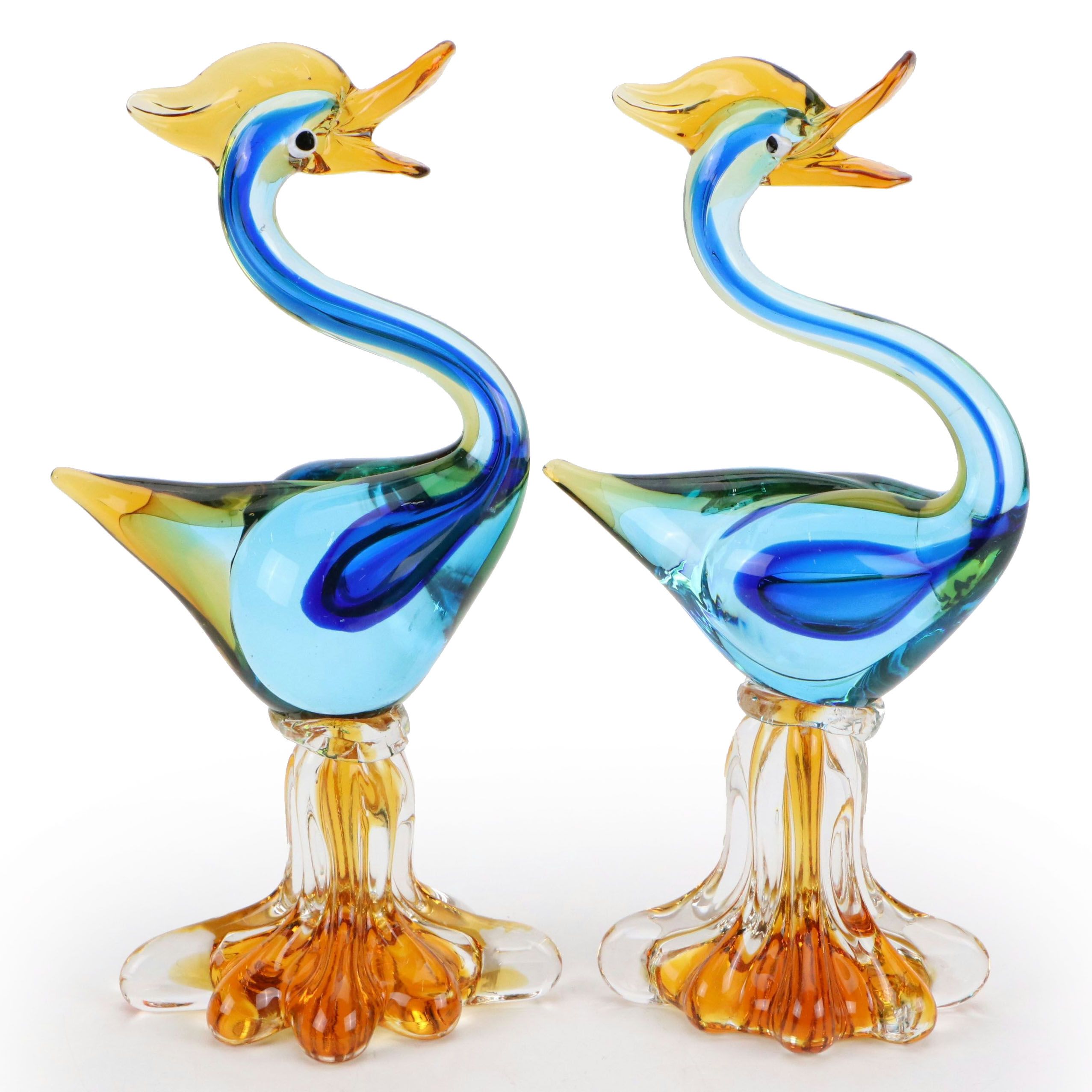 Murano Style Blown Glass Bird Sculptures