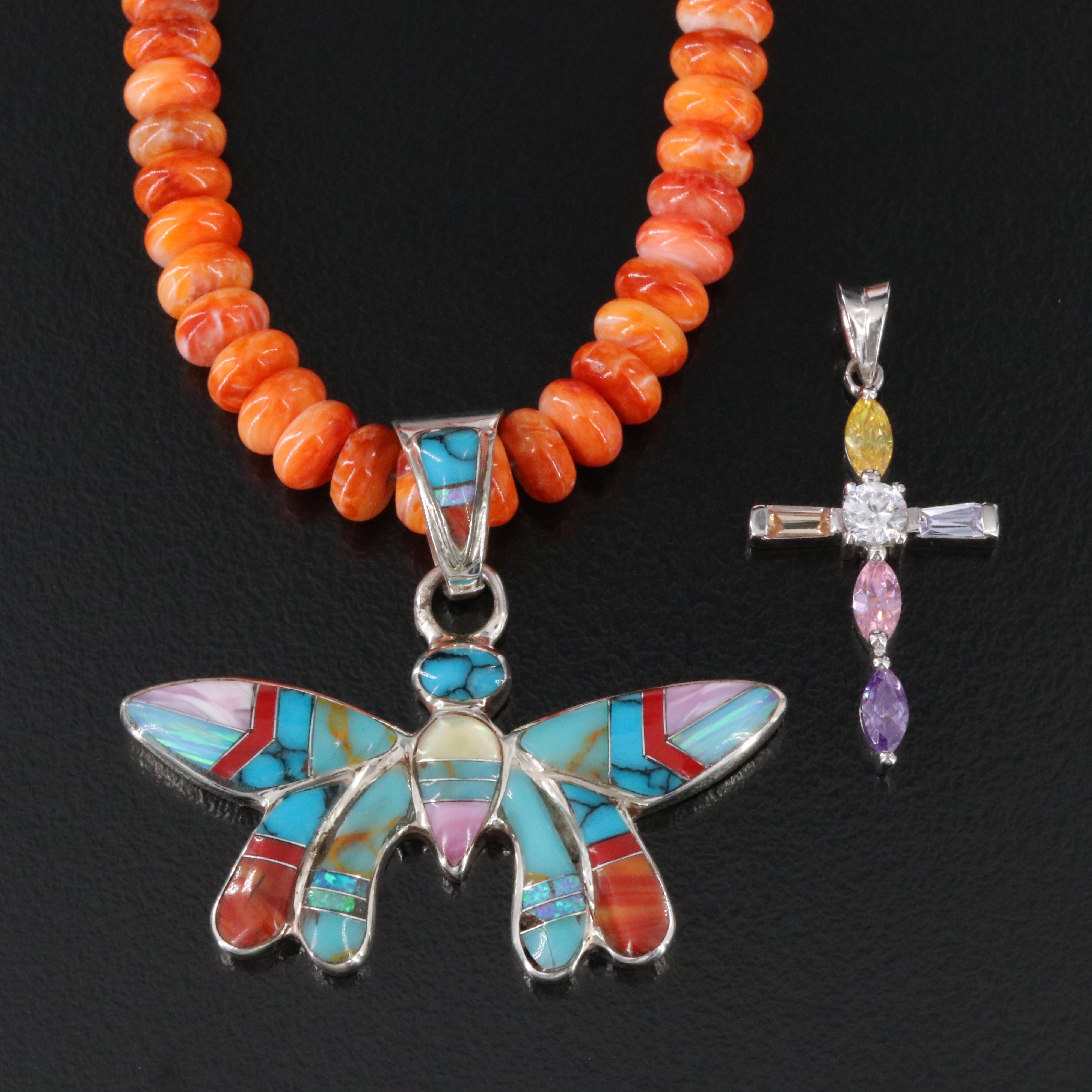 Sterling Gemstone Cross and Coral Necklace with Inlay Pendant