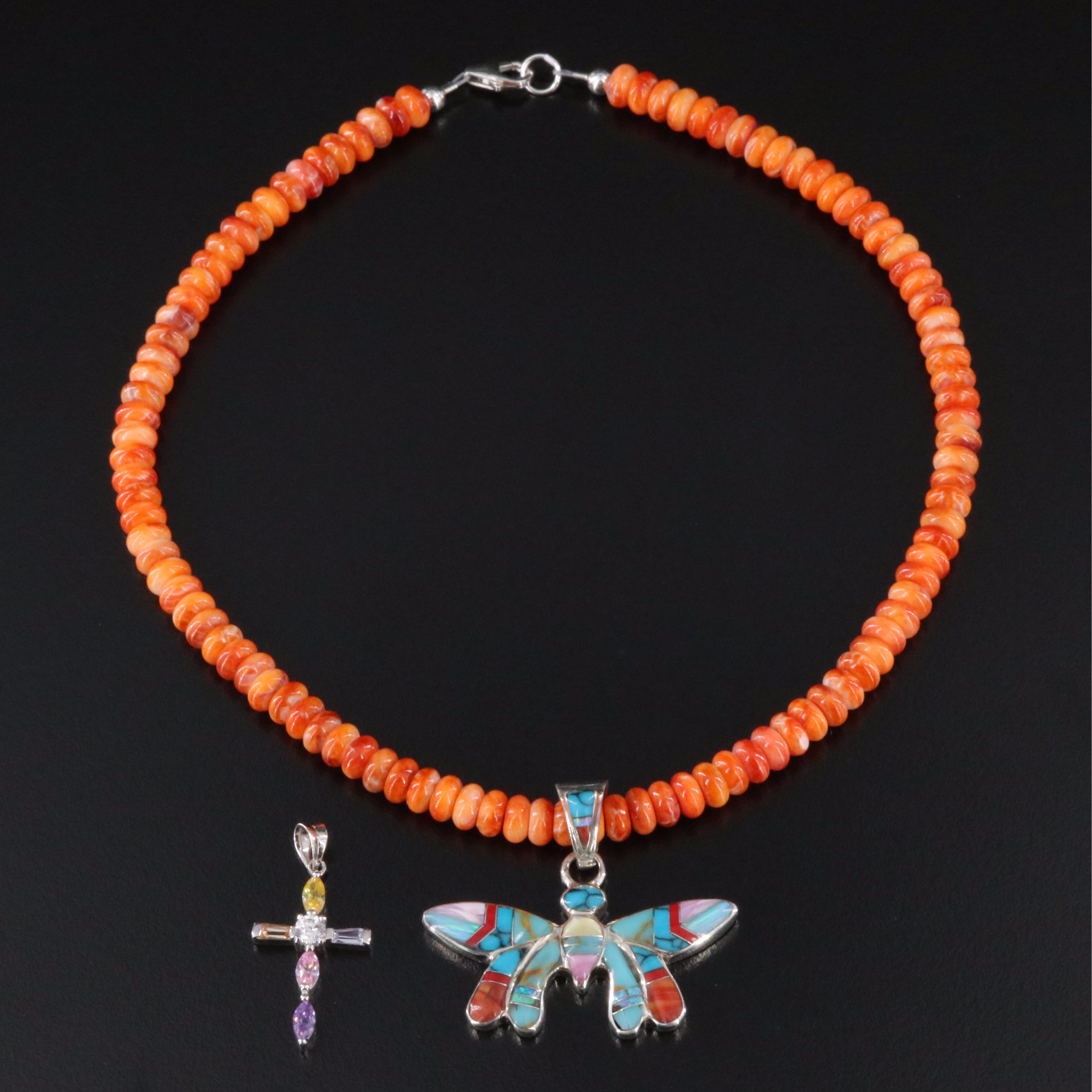 Sterling Gemstone Cross and Coral Necklace with Inlay Pendant