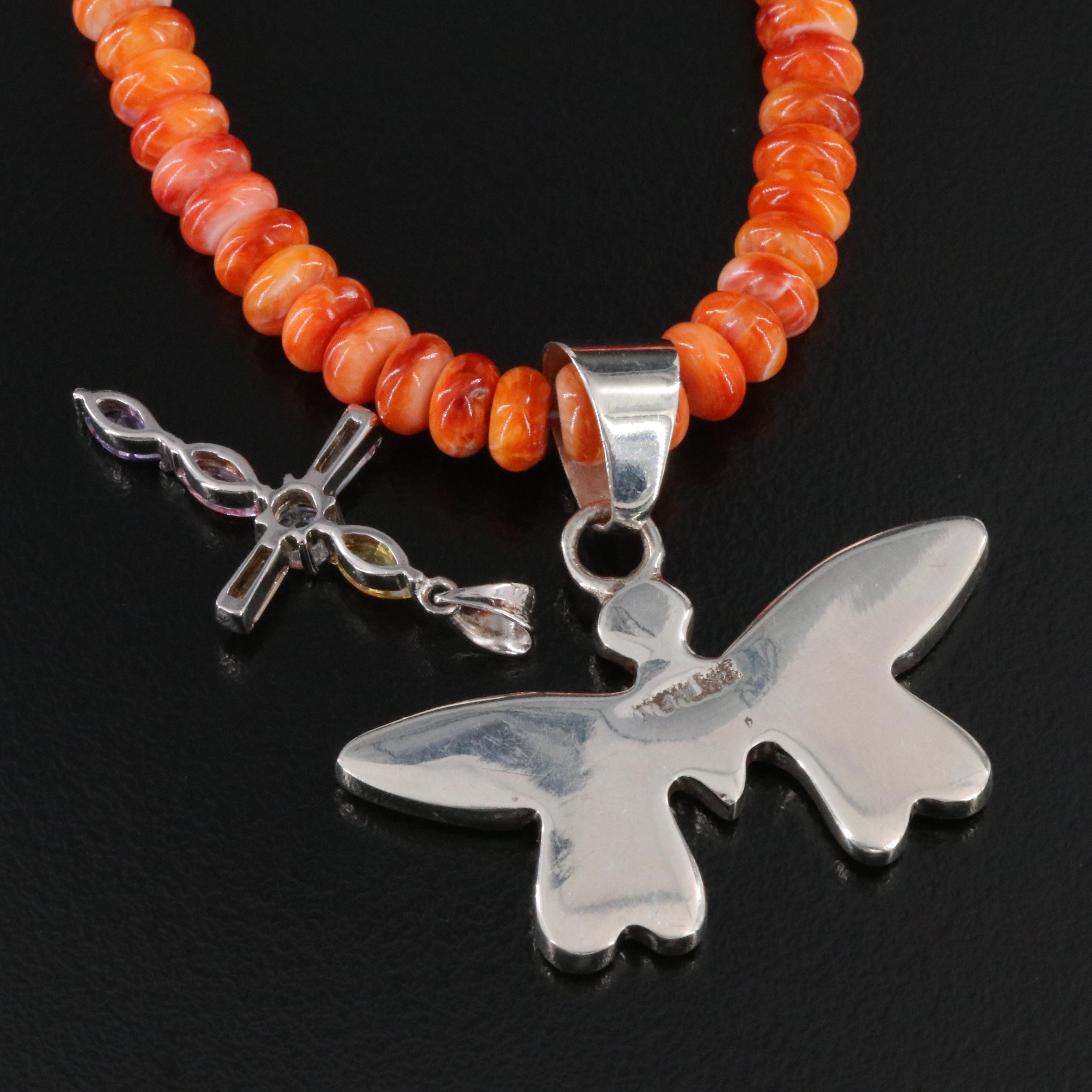 Sterling Gemstone Cross and Coral Necklace with Inlay Pendant