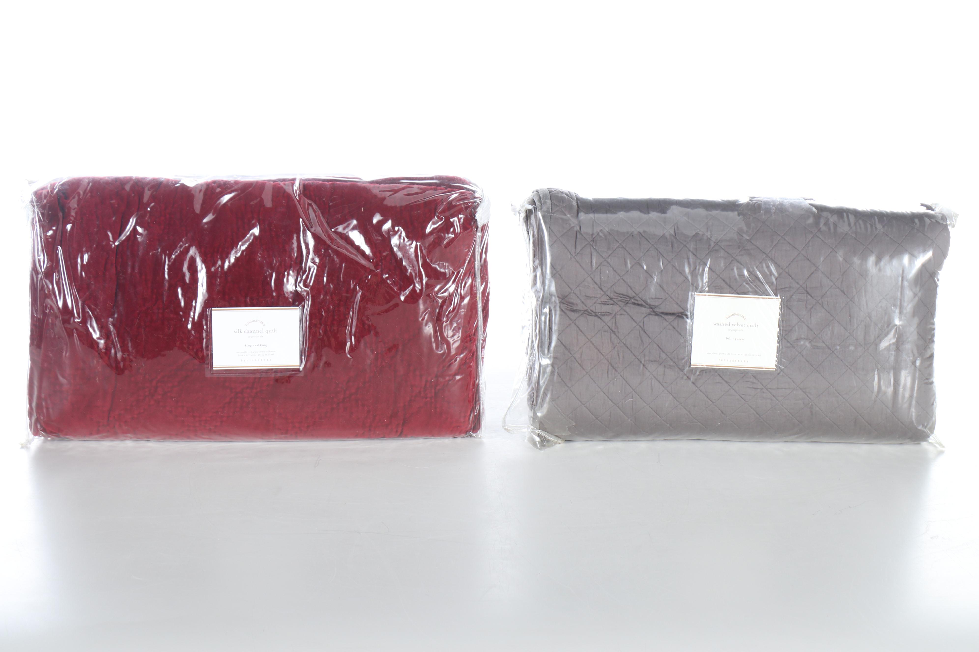 Pottery Barn Silk Channel Shams and King Quilt with Velvet Queen Quilt