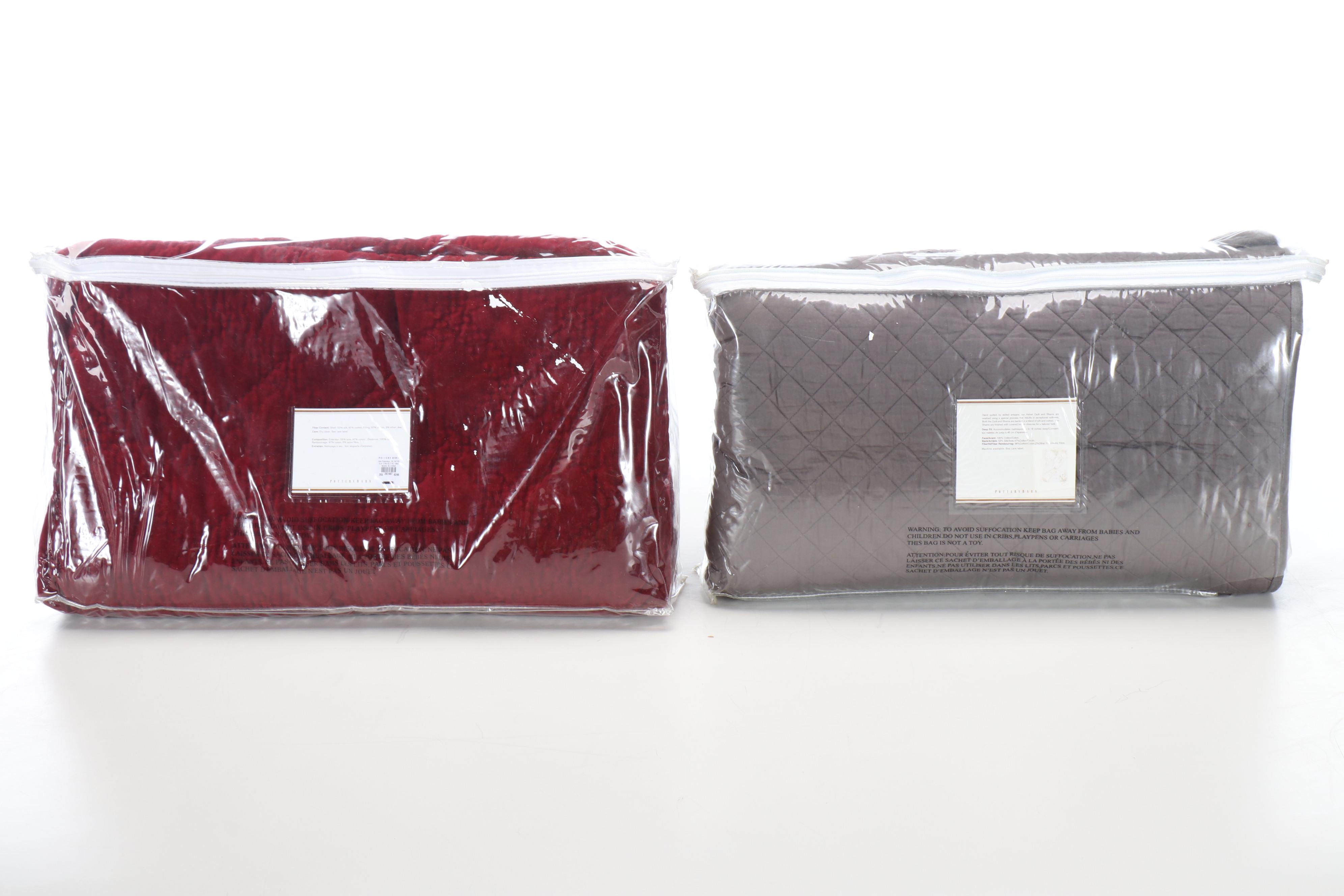 Pottery Barn Silk Channel Shams and King Quilt with Velvet Queen Quilt