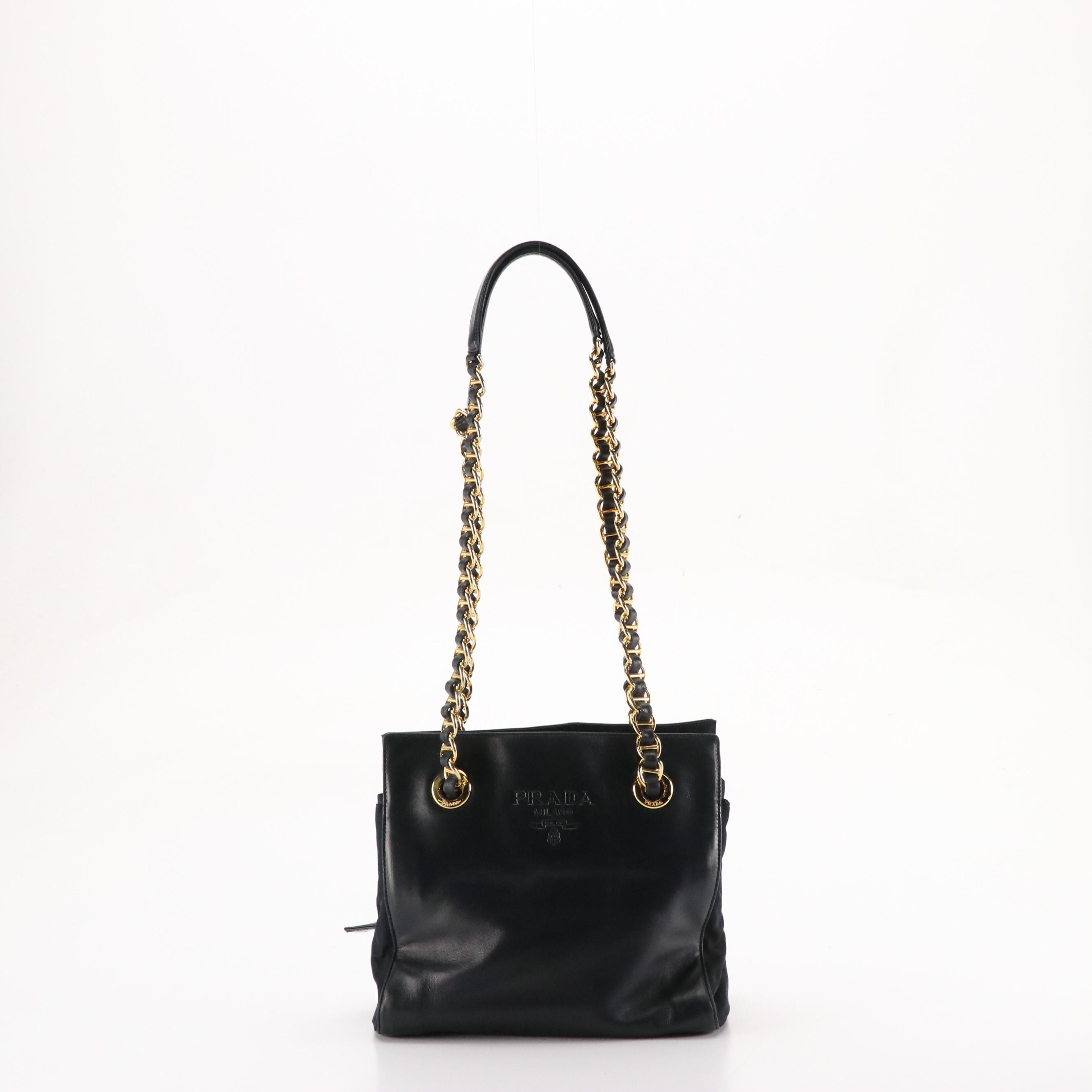 Prada Chain Strap Shoulder Bag in Navy Blue Lambskin Leather and Tessuto Nylon