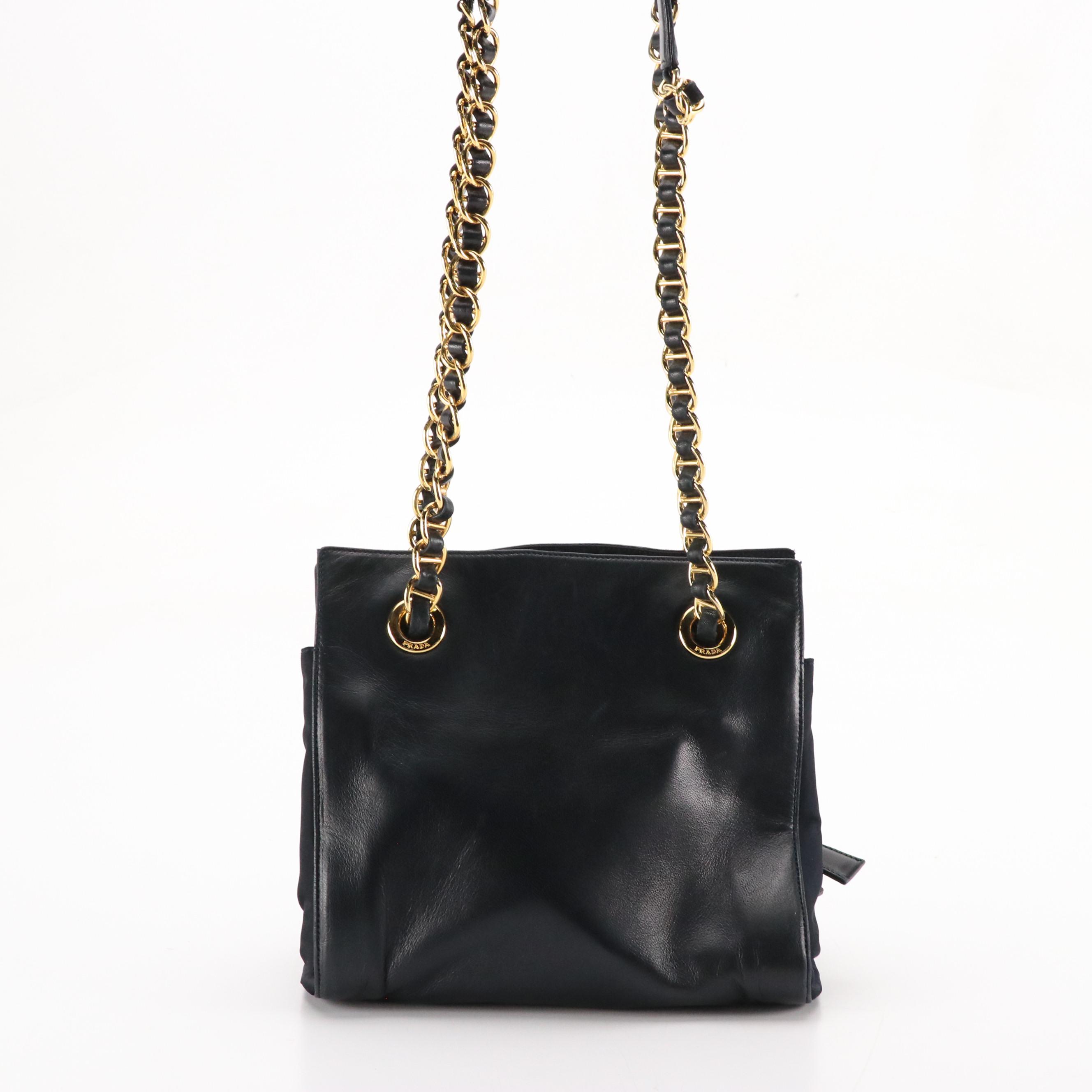 Prada Chain Strap Shoulder Bag in Navy Blue Lambskin Leather and Tessuto Nylon