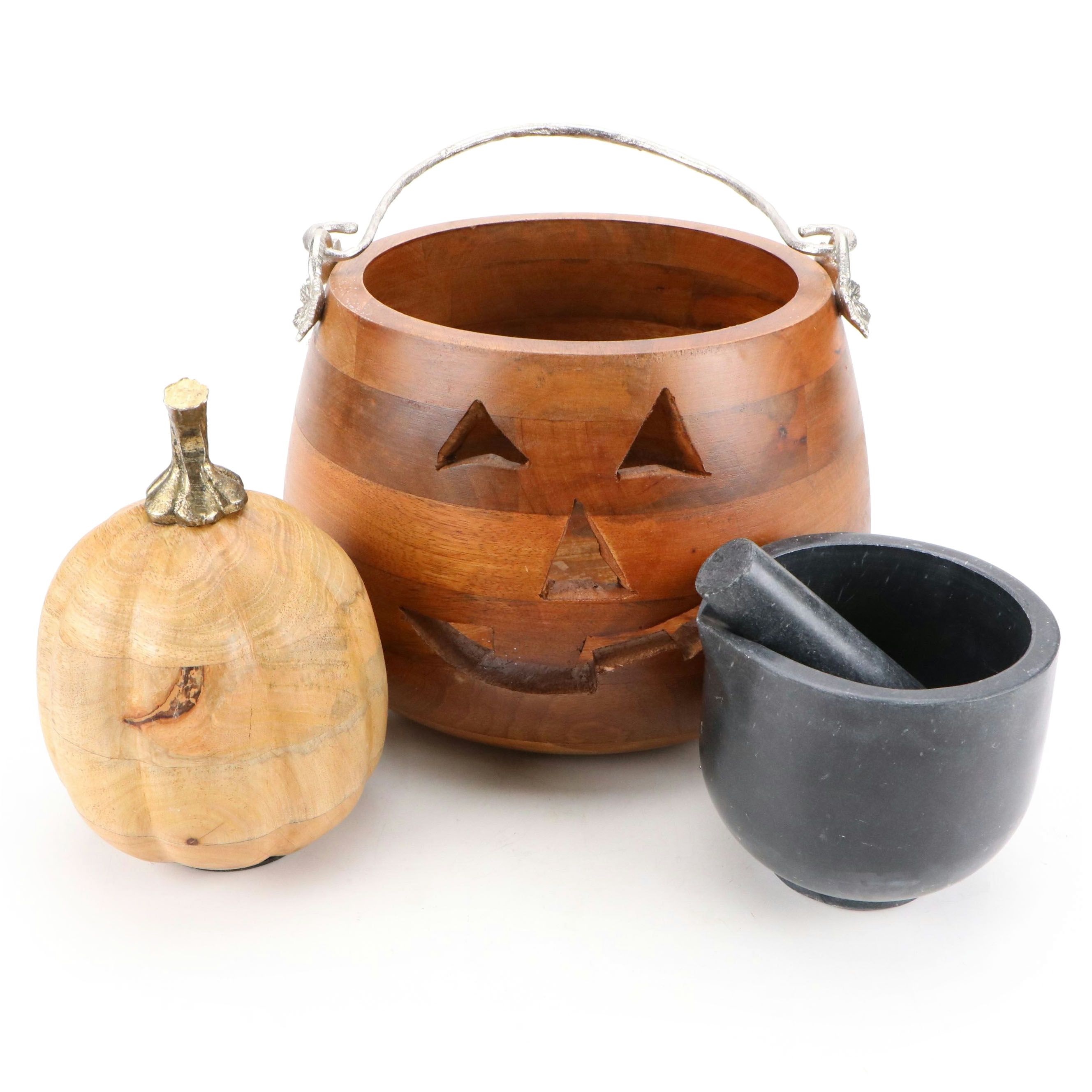 Segmented Wood Jack-O-Lantern Basket with Other Decor