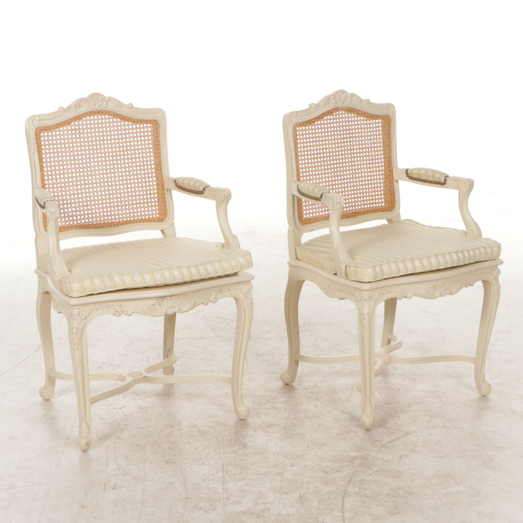 Pair of Spanish Painted Louis XV Style Cane-Back Fauteuils
