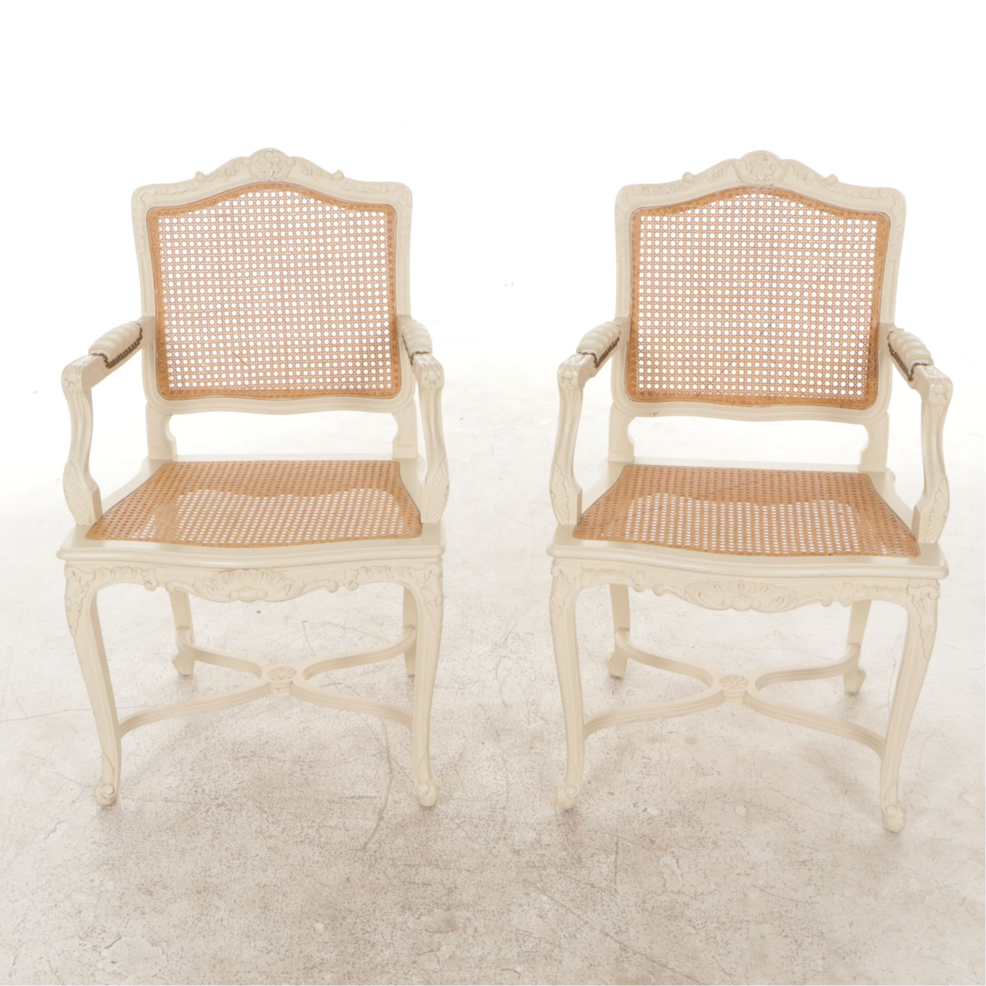 Pair of Spanish Painted Louis XV Style Cane-Back Fauteuils