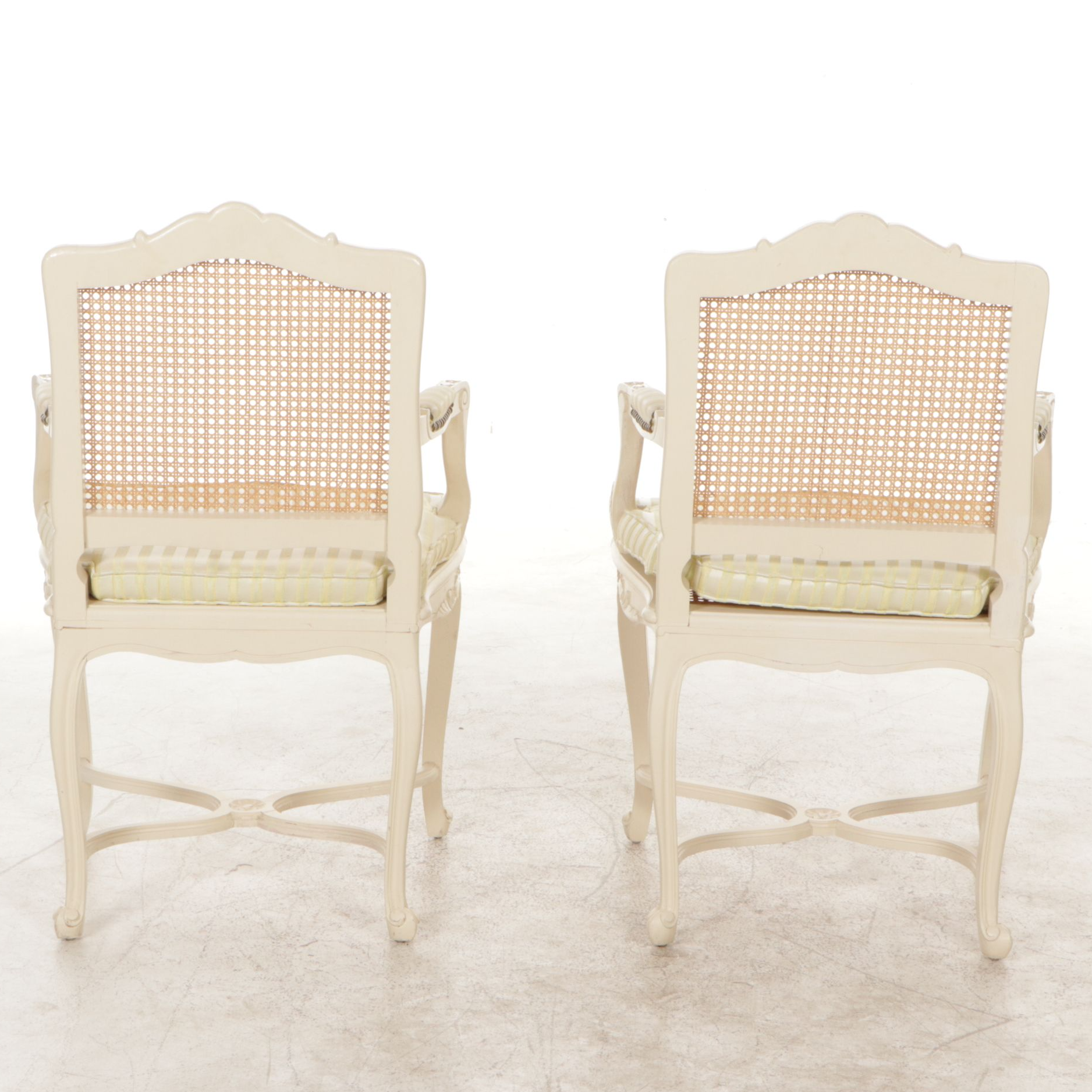 Pair of Spanish Painted Louis XV Style Cane-Back Fauteuils