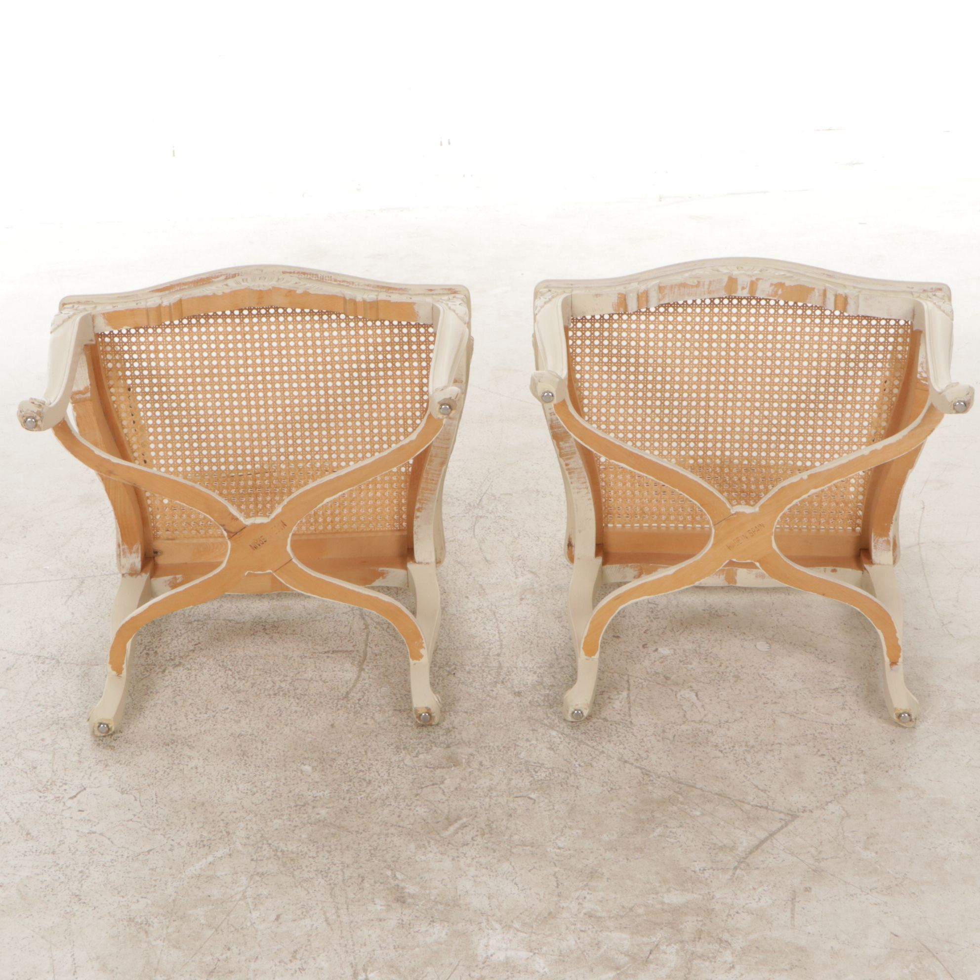 Pair of Spanish Painted Louis XV Style Cane-Back Fauteuils