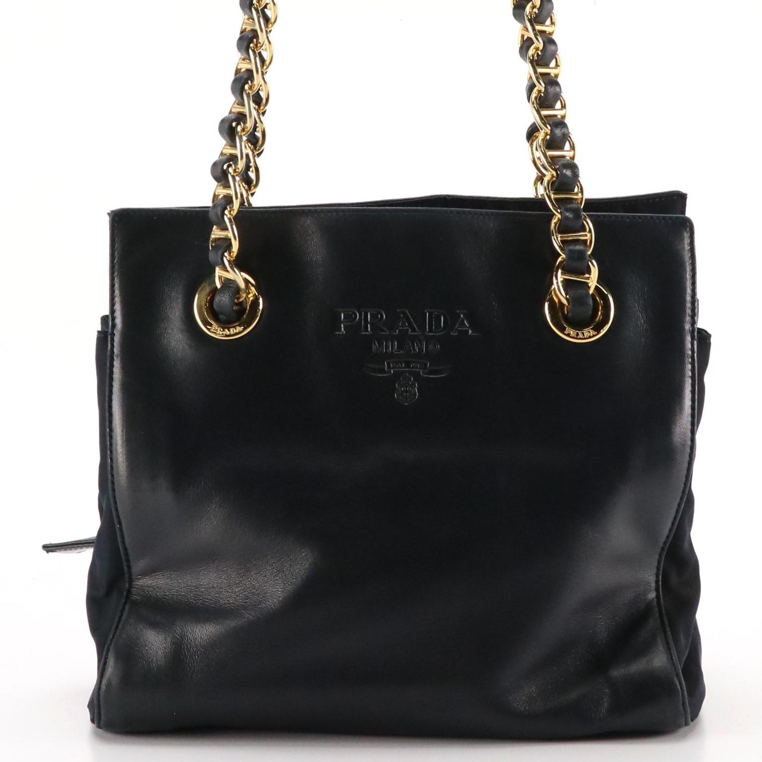 Prada Chain Strap Shoulder Bag in Navy Blue Lambskin Leather and Tessuto Nylon
