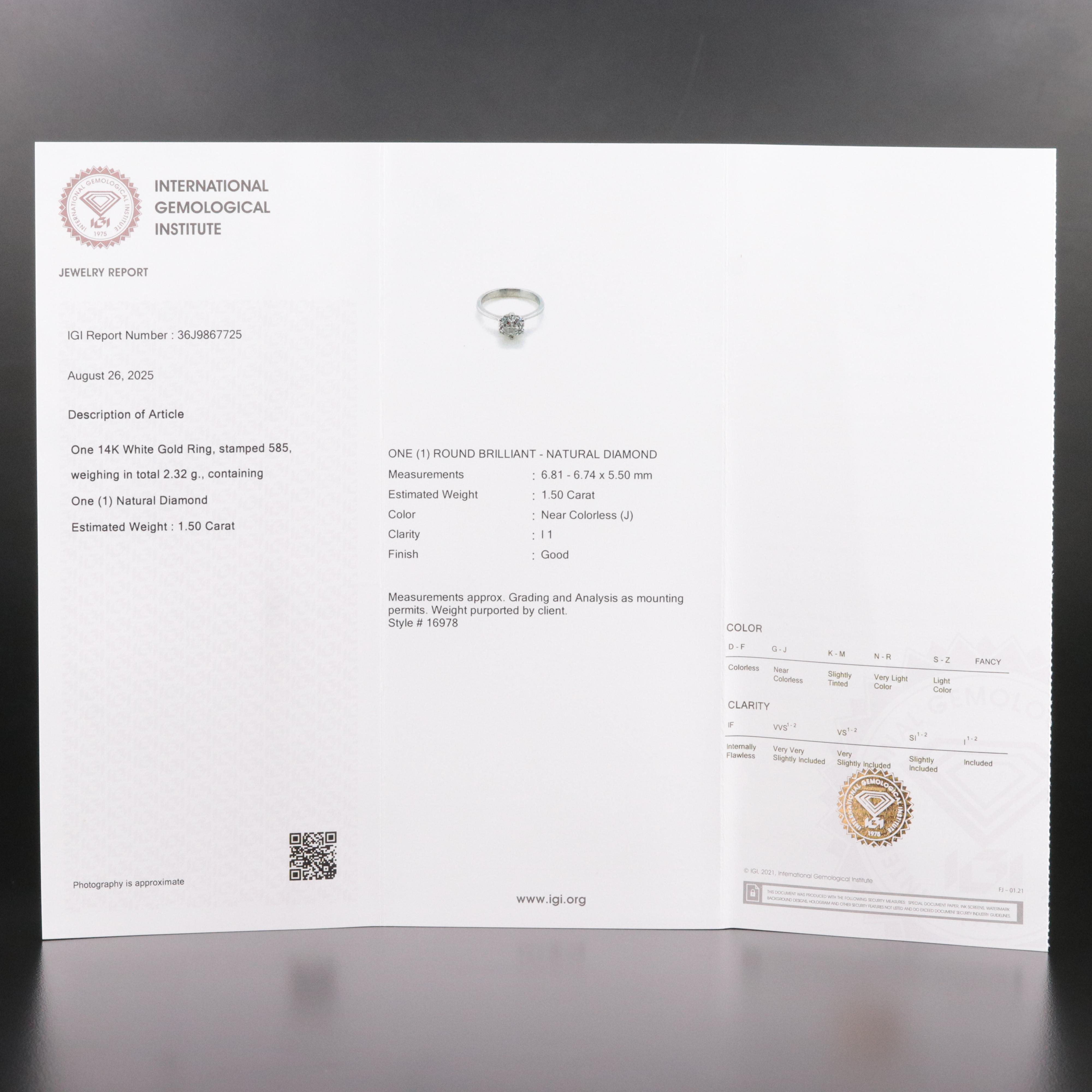 14K 1.50 CT Diamond Solitaire Ring with IGI Report
