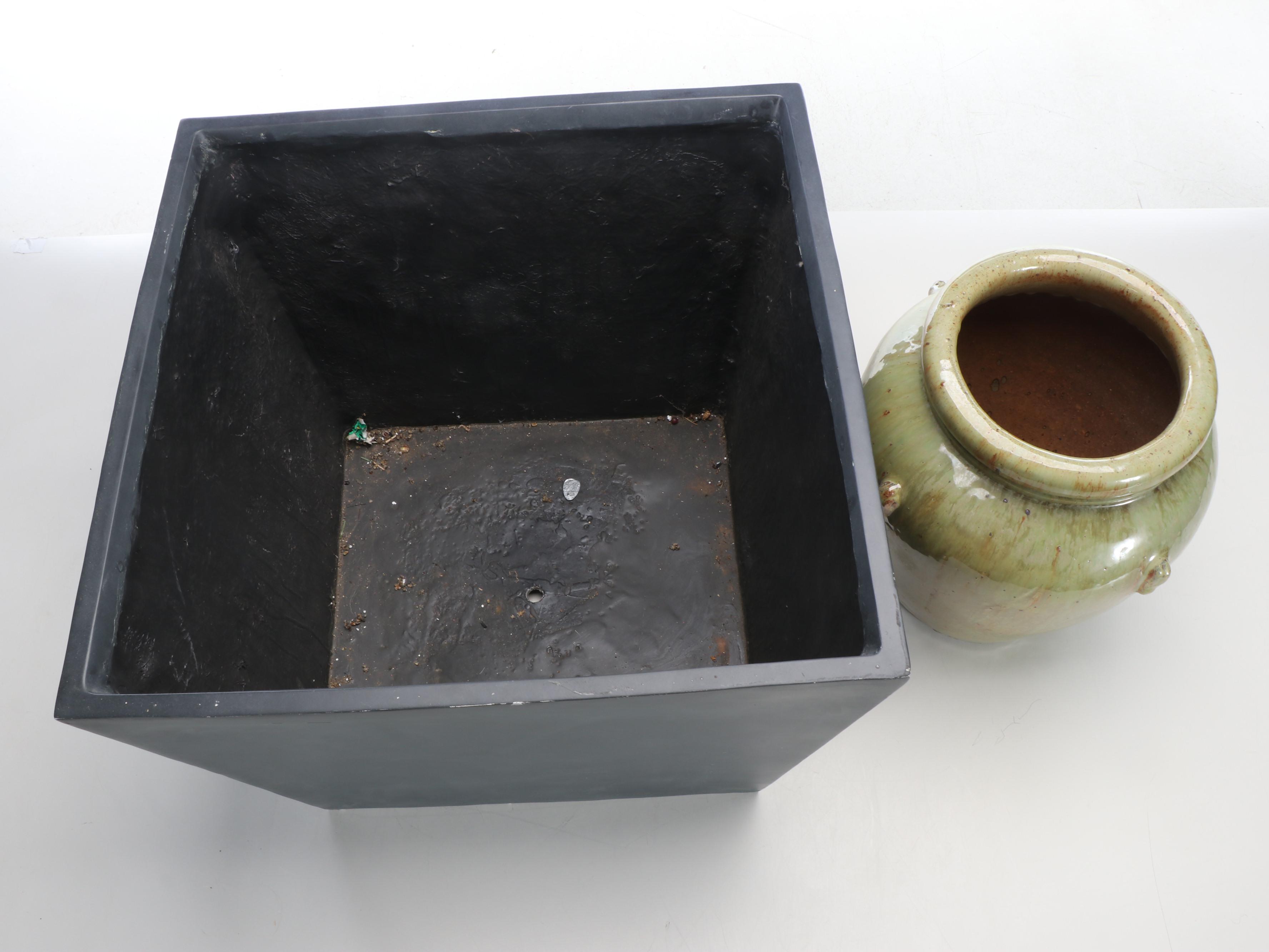 Large Square Planter Box with Glazed Ceramic Urn Planter
