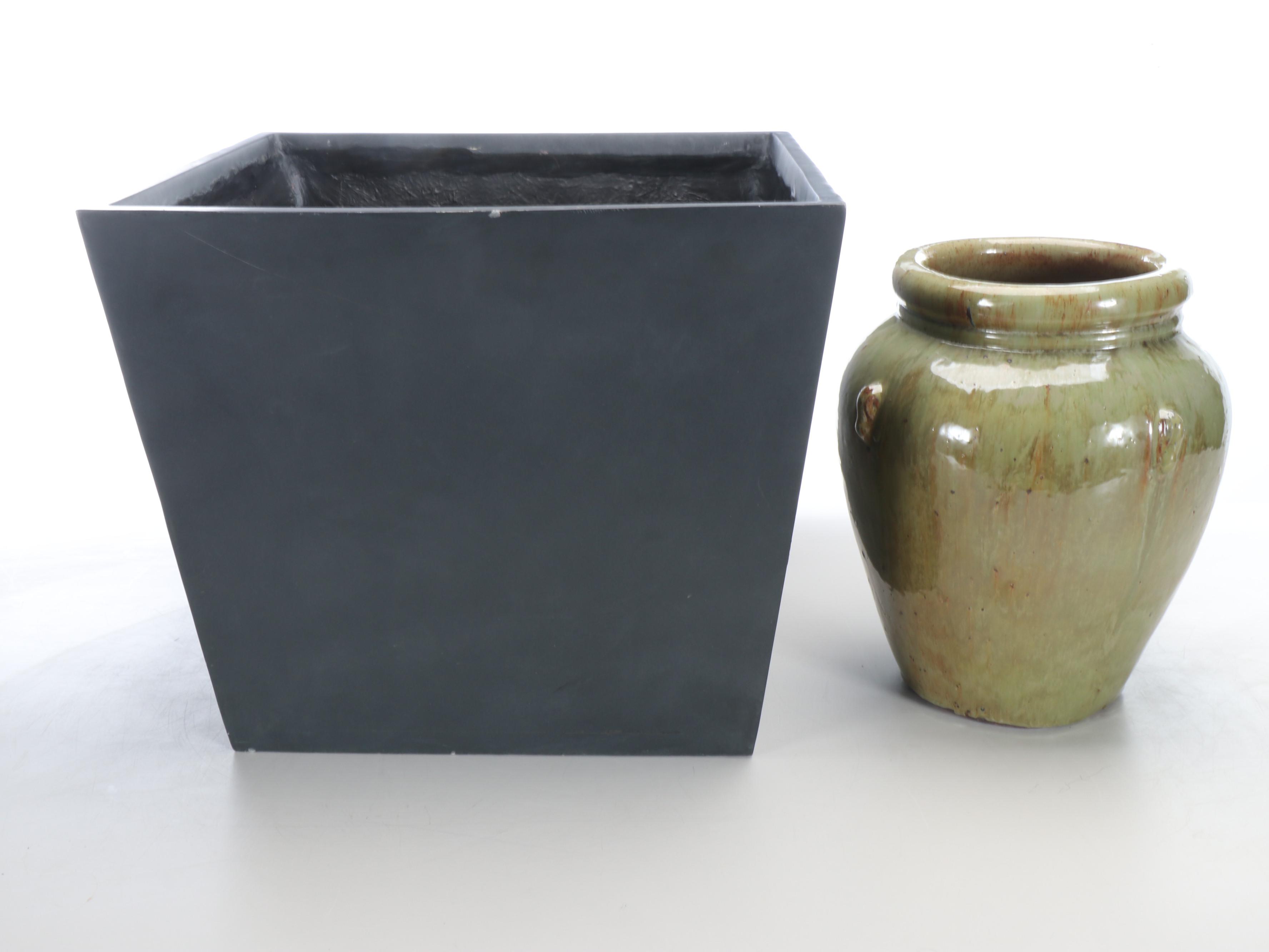 Large Square Planter Box with Glazed Ceramic Urn Planter