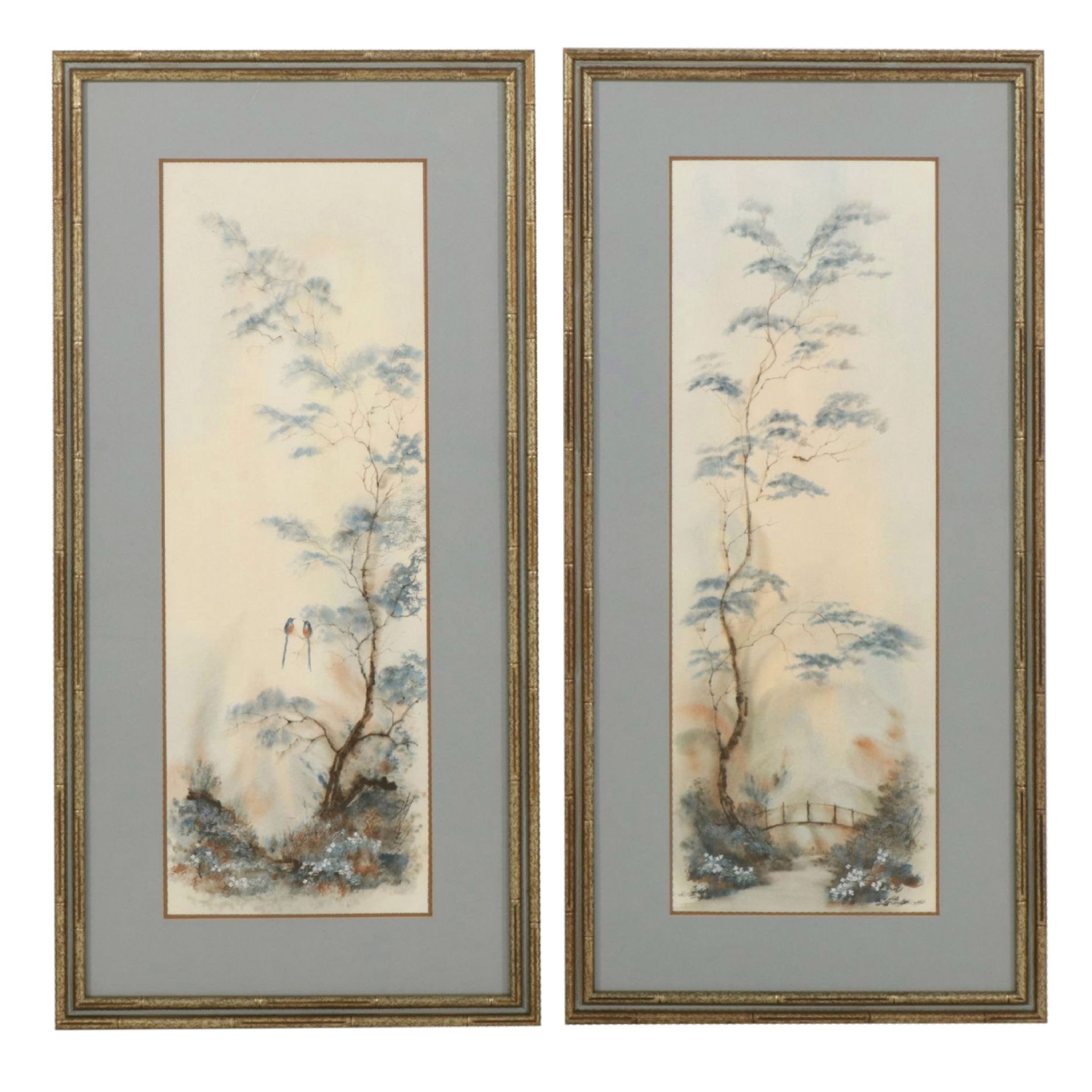 Chinese Watercolor and Ink Wash Diptych of a Garden Scene with Perched Birds