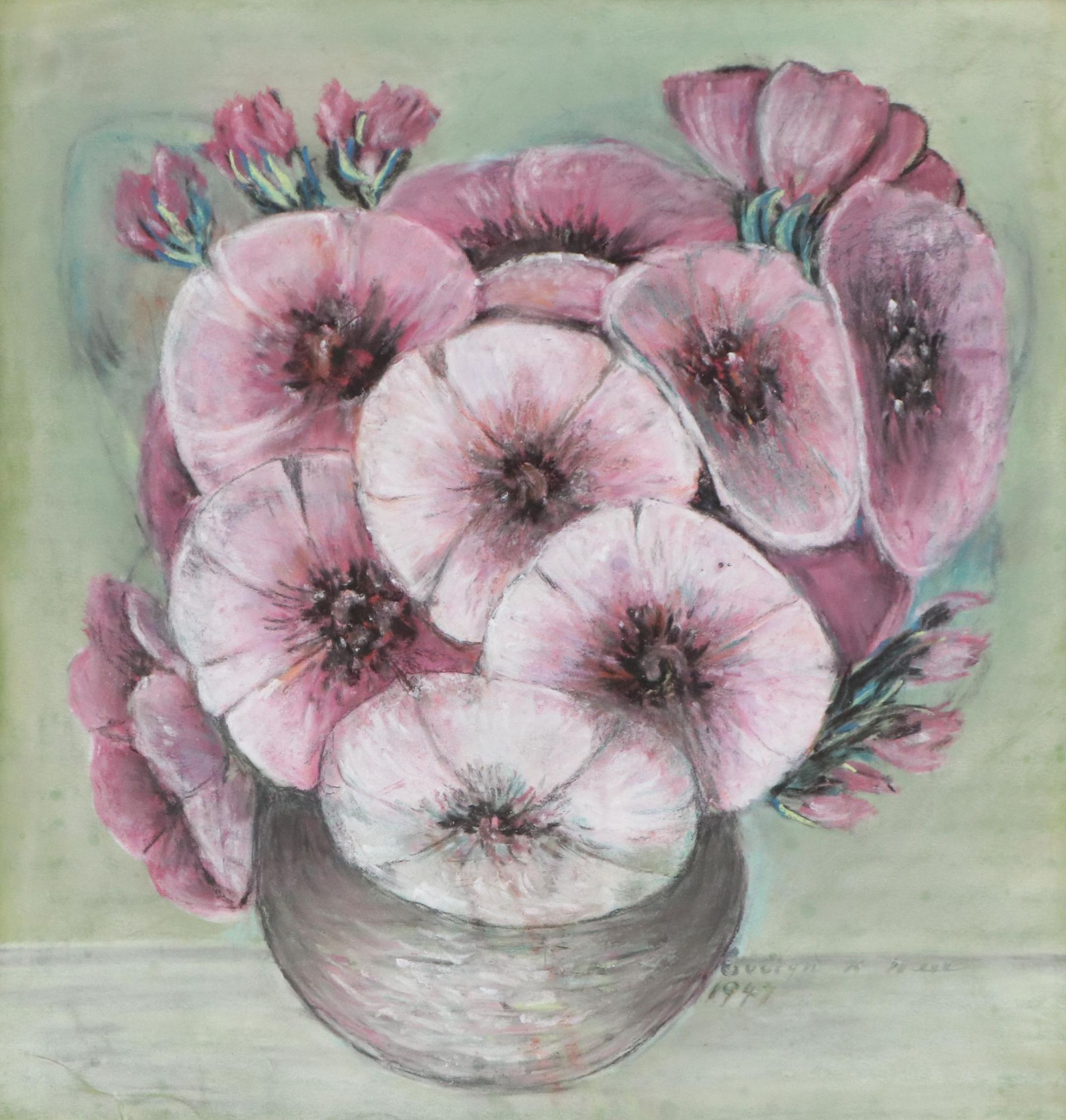 Evelyn K. Meek Floral Still Life Oil Pastel Drawing, 1947