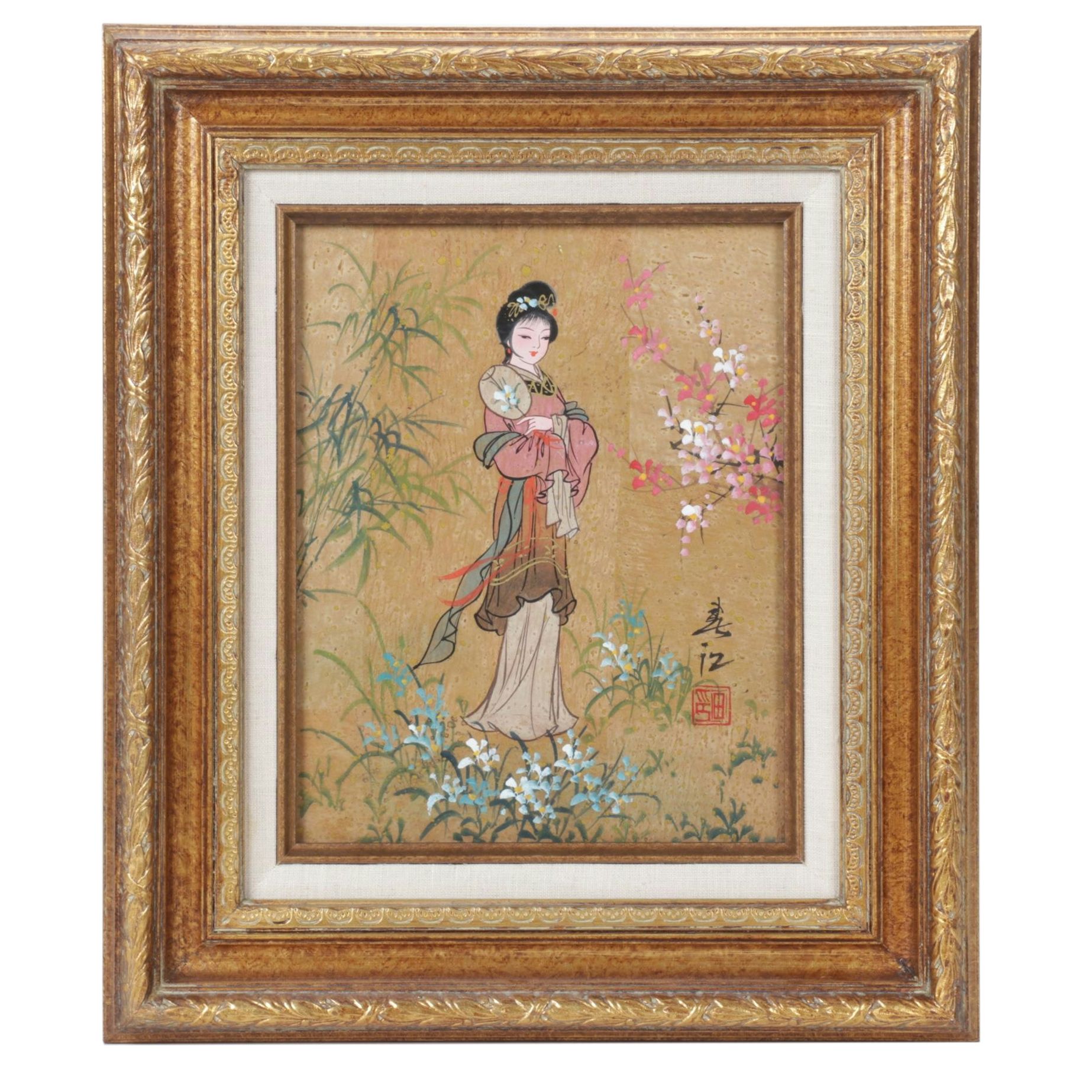 Chinese Gouache Painting on Cork of Maiden in Floral Garden, Mid-20th Century