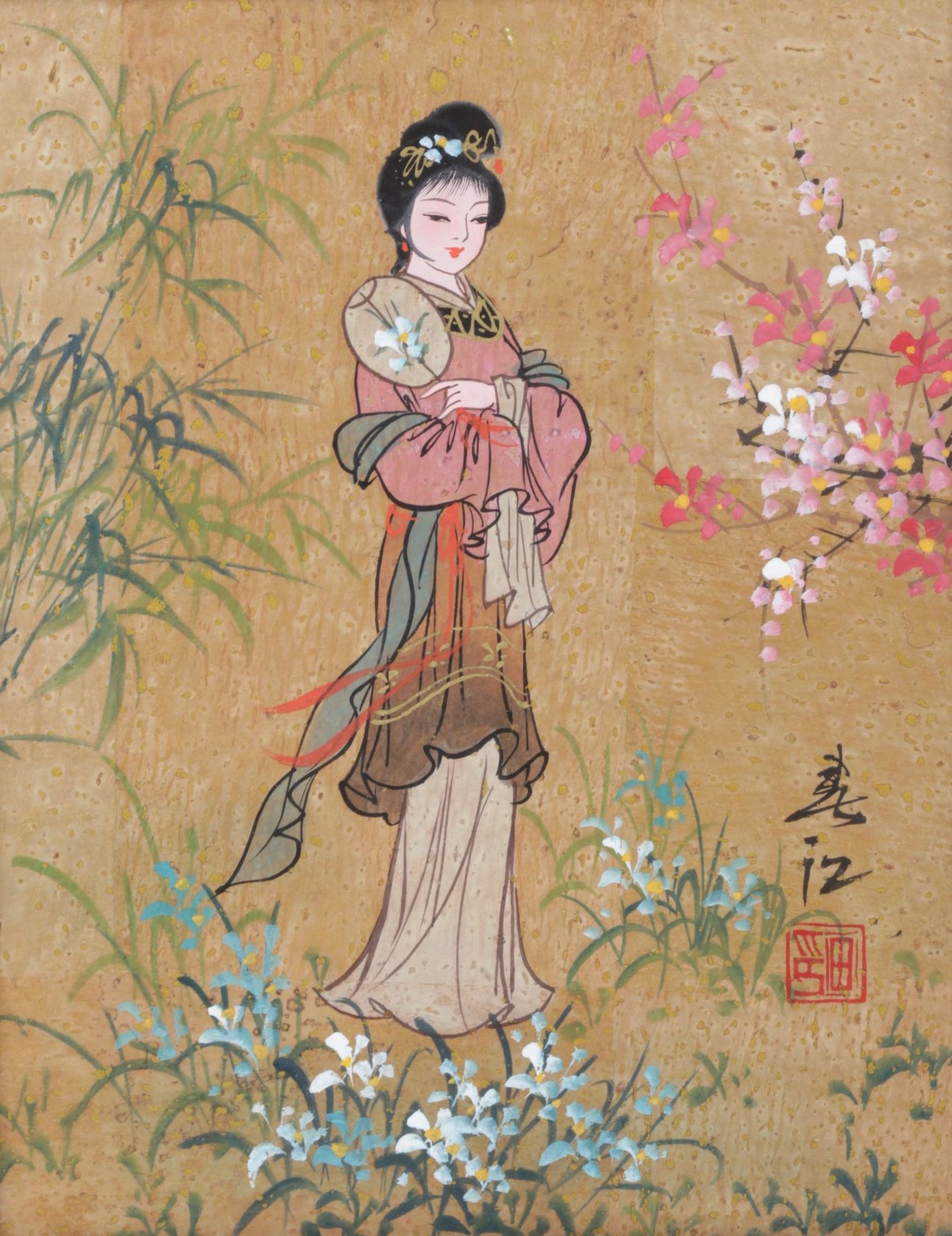 Chinese Gouache Painting on Cork of Maiden in Floral Garden, Mid-20th Century
