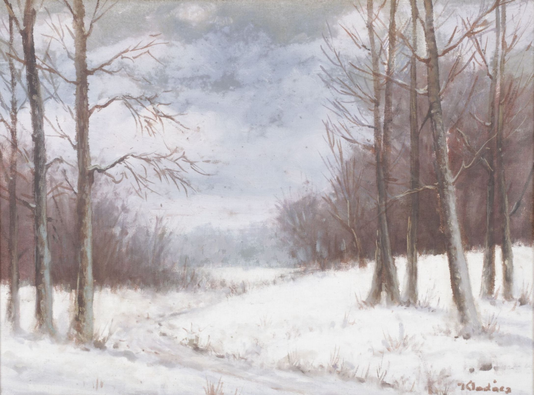 Impressionist Oil Painting of Barren Forest After Snowfall, Late 20th Century