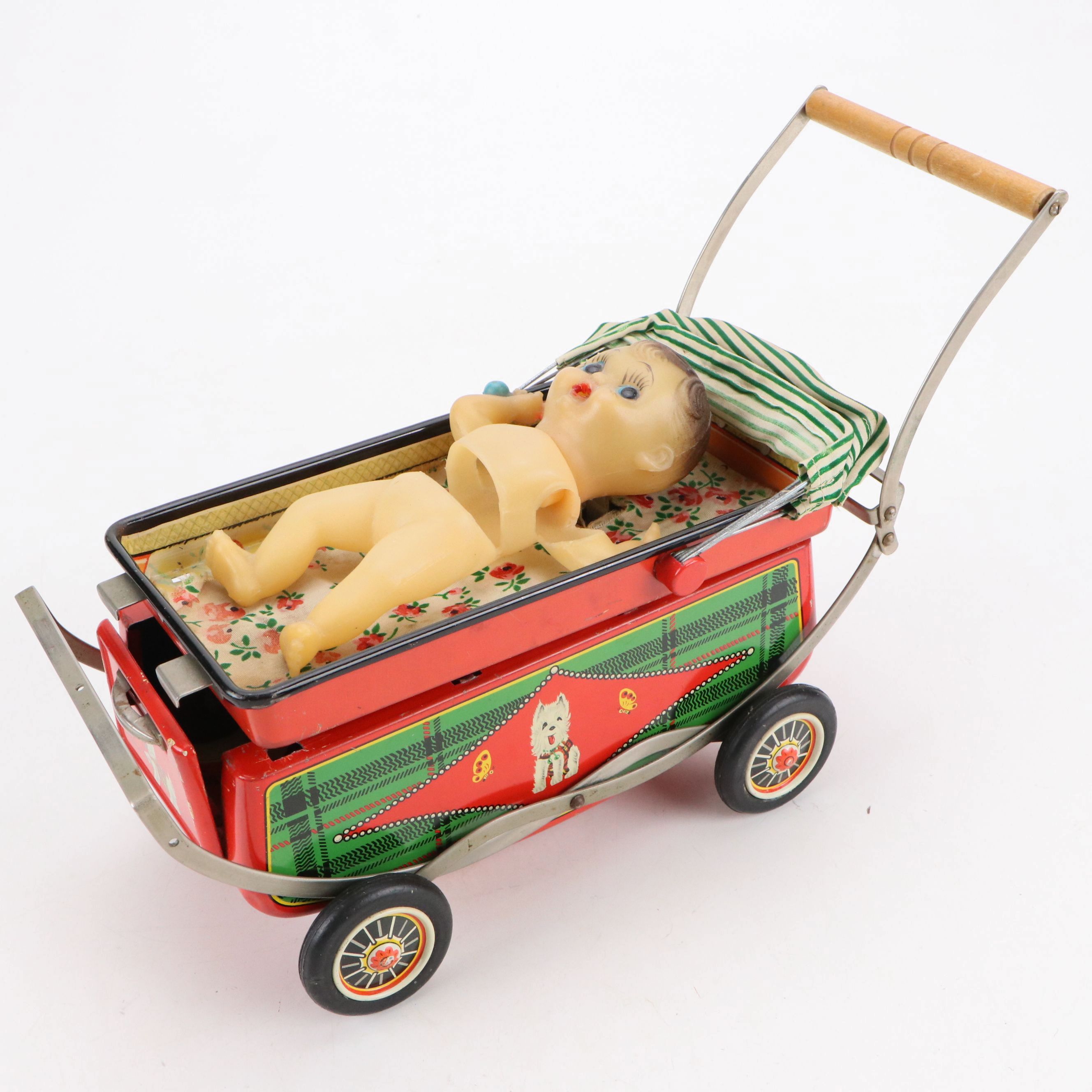 Vintage Vinyl Baby Doll with Tin Carriage