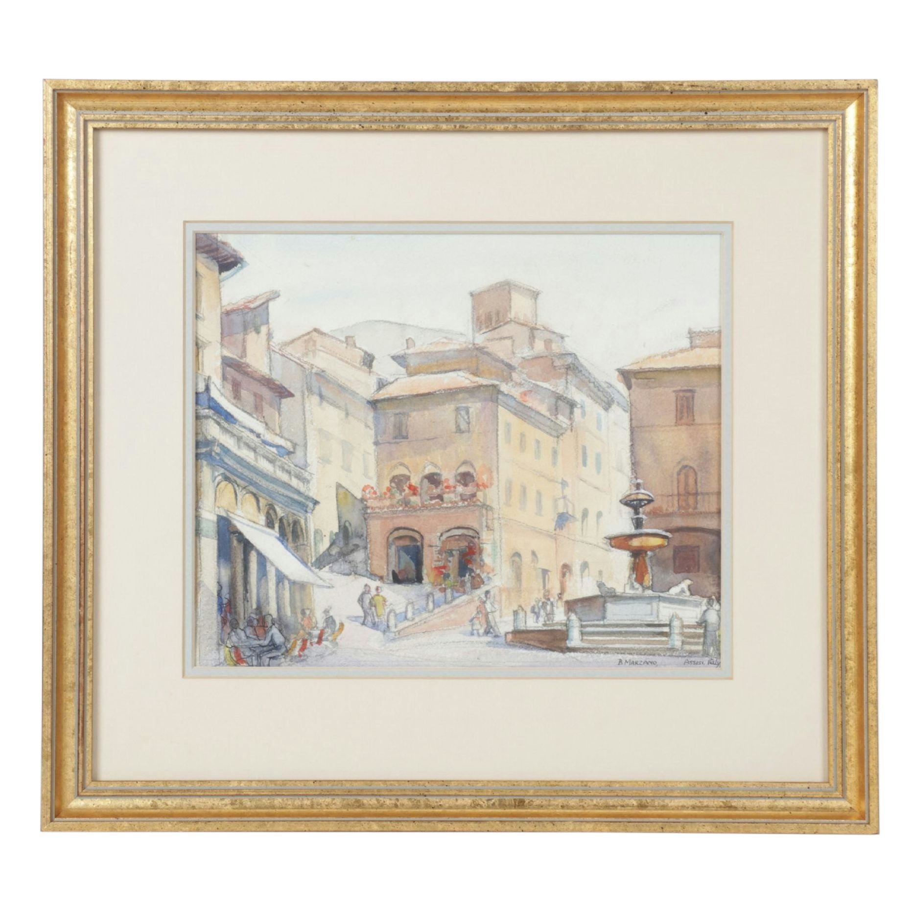 B. Marzano Impressionist Watercolor Painting of Facades in an Italian Courtyard