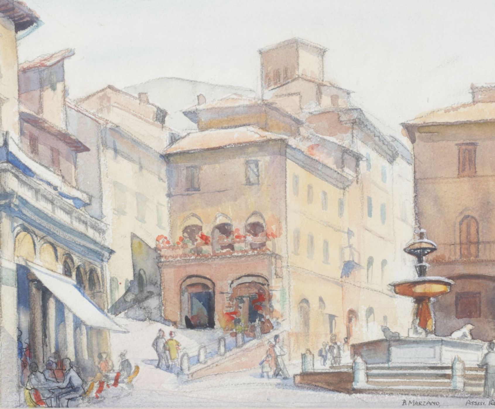 B. Marzano Impressionist Watercolor Painting of Facades in an Italian Courtyard