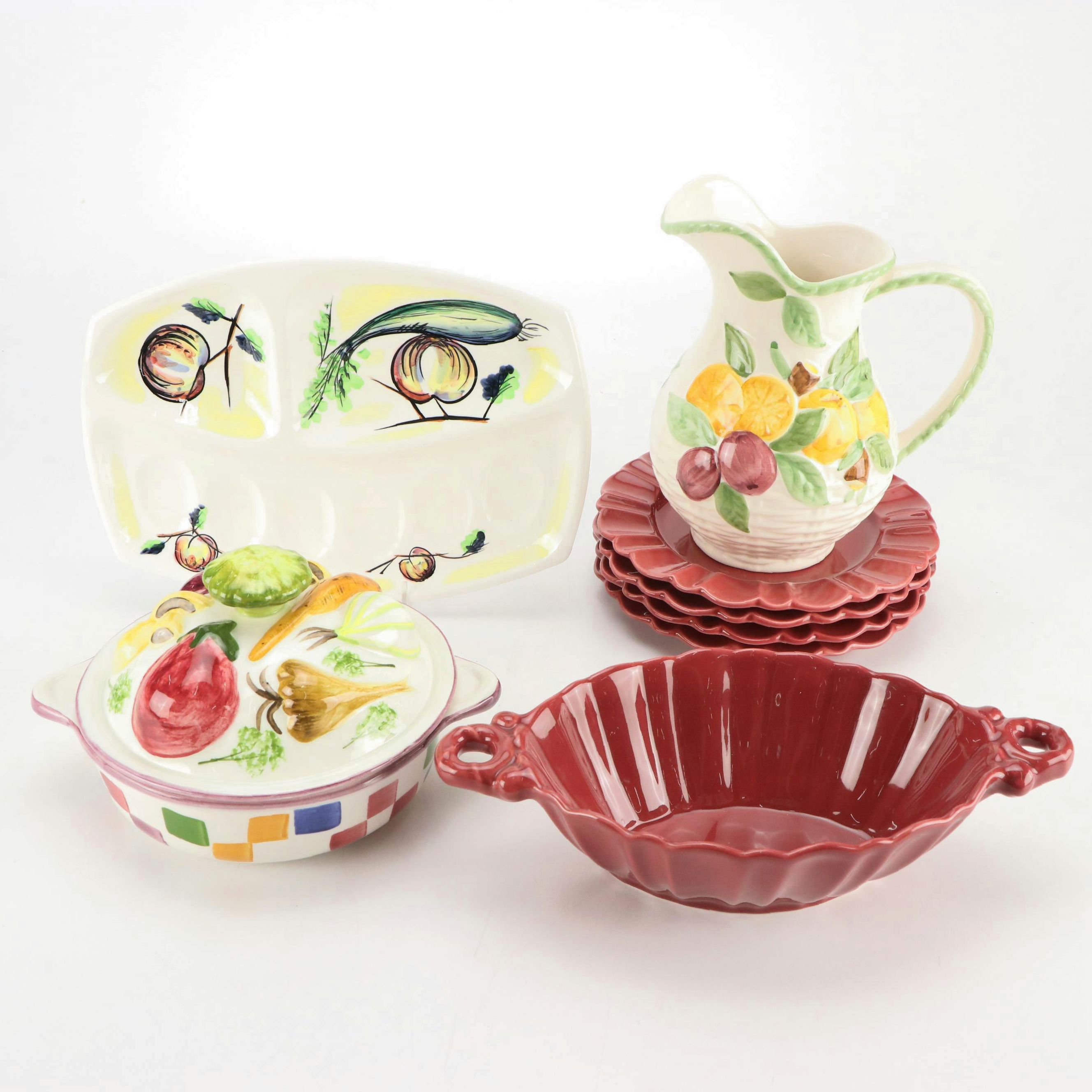 Laurie Gates Ceramic Tureen with Other Majolica Style Ceramic Tableware