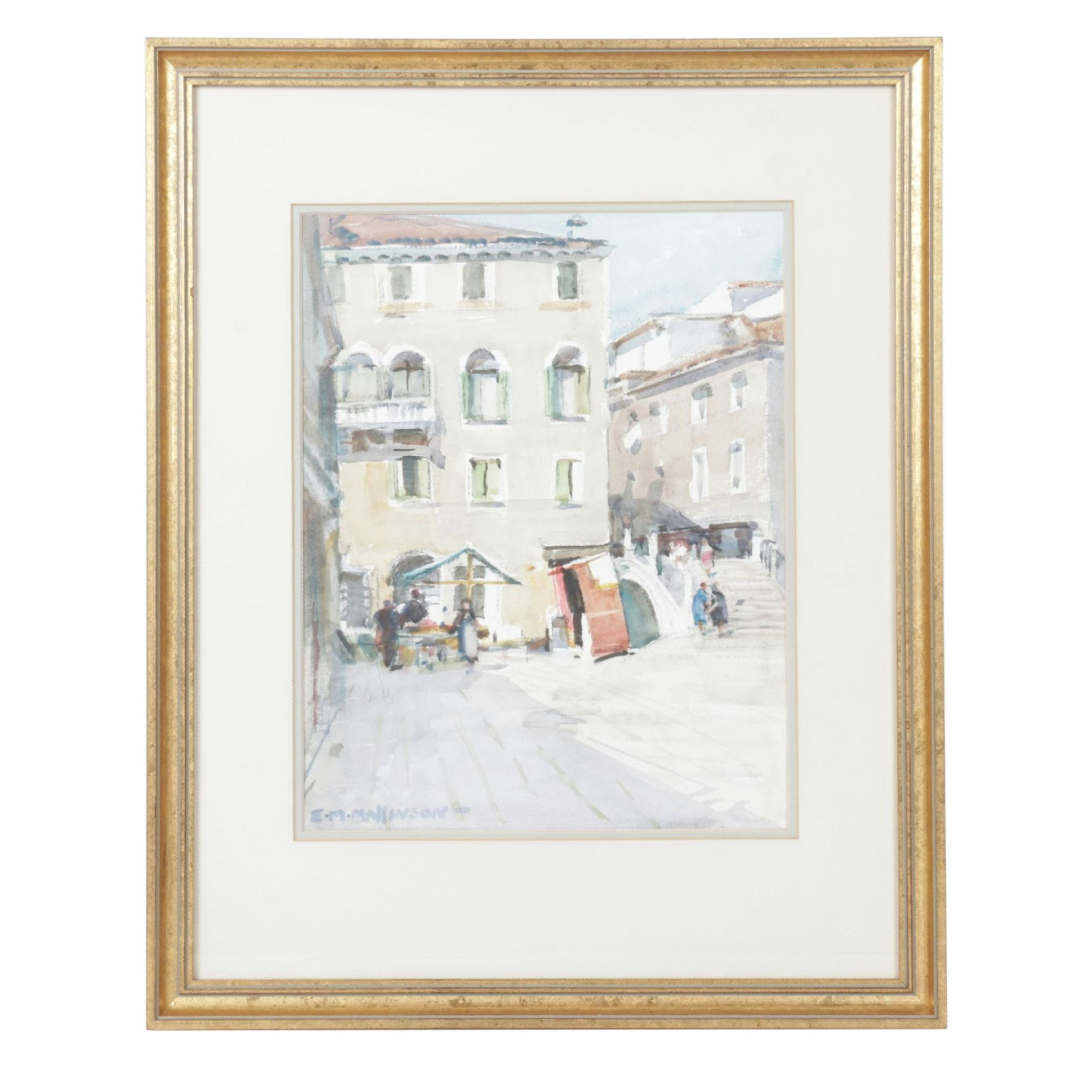 E. M. Mallinson Impressionist Watercolor Painting of People in City Market
