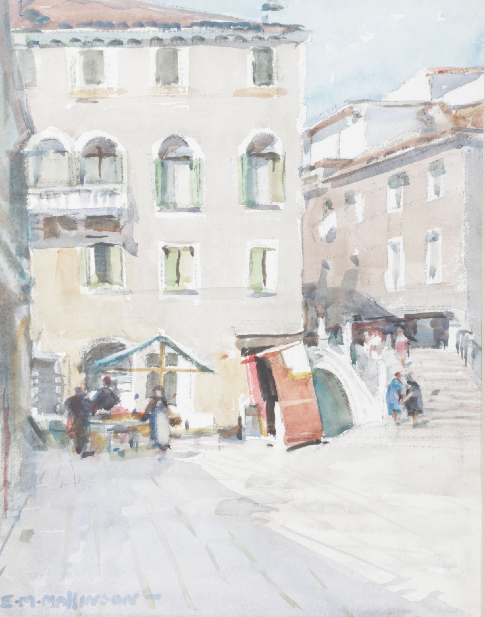 E. M. Mallinson Impressionist Watercolor Painting of People in City Market