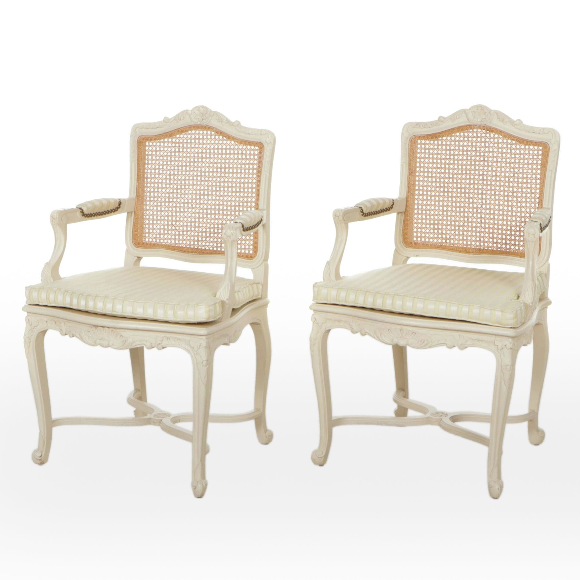 Pair of Spanish Painted Louis XV Style Cane-Back Fauteuils
