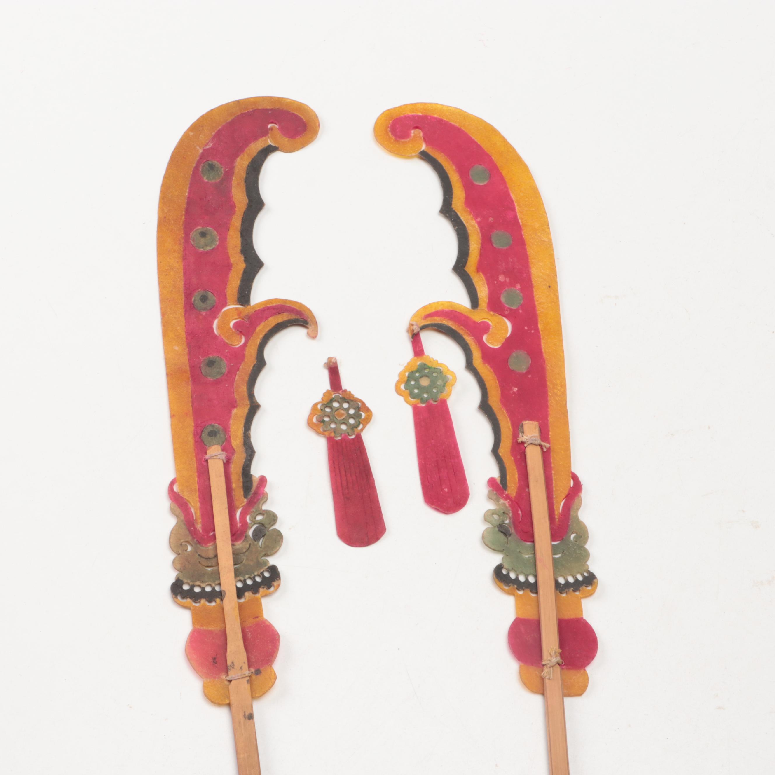 Chinese Polearm Vellum Shadow Puppet Props on Wood Sticks, Circa 1870