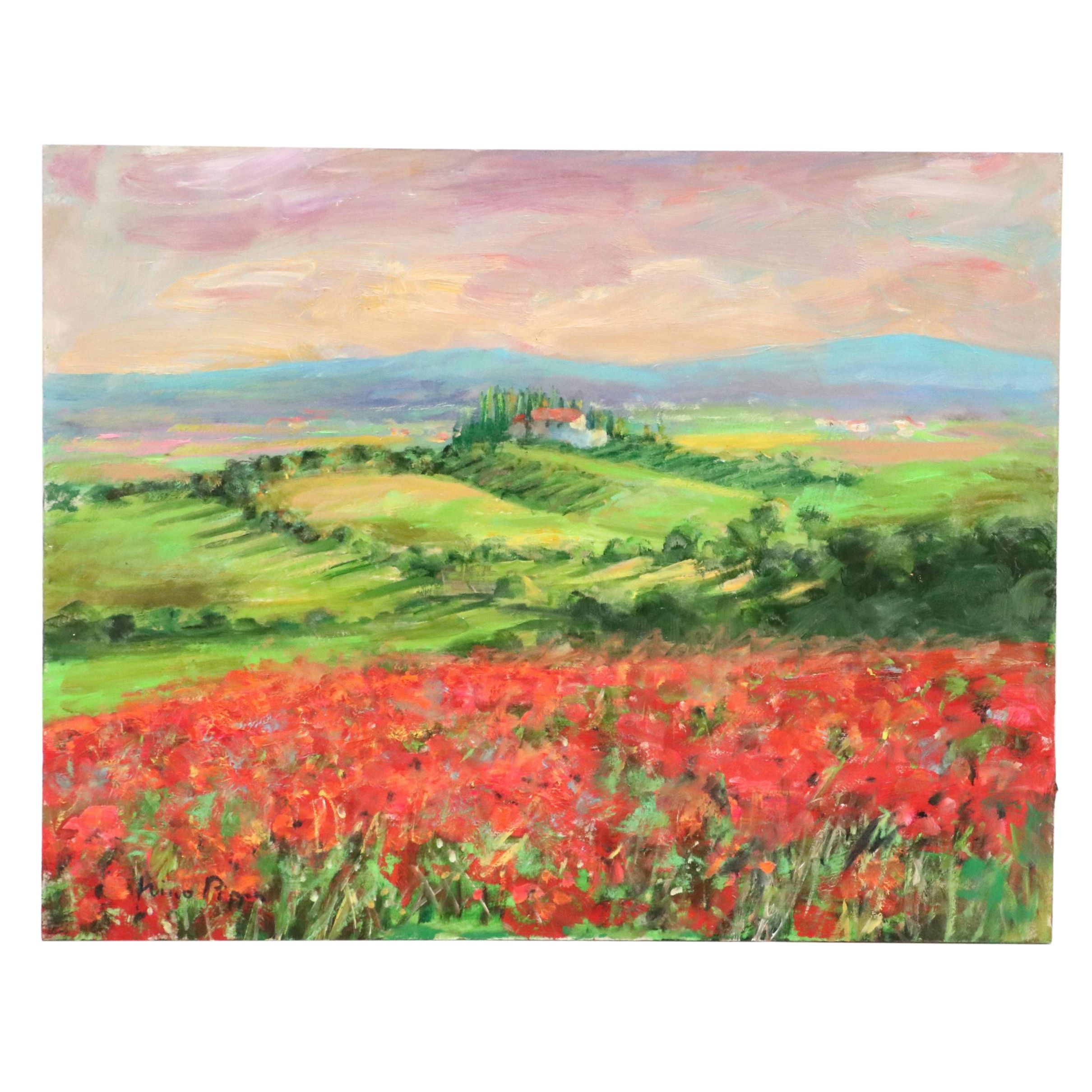 Nino Pippa Oil Painting "Tuscany Landscape with Poppy Field," 2019
