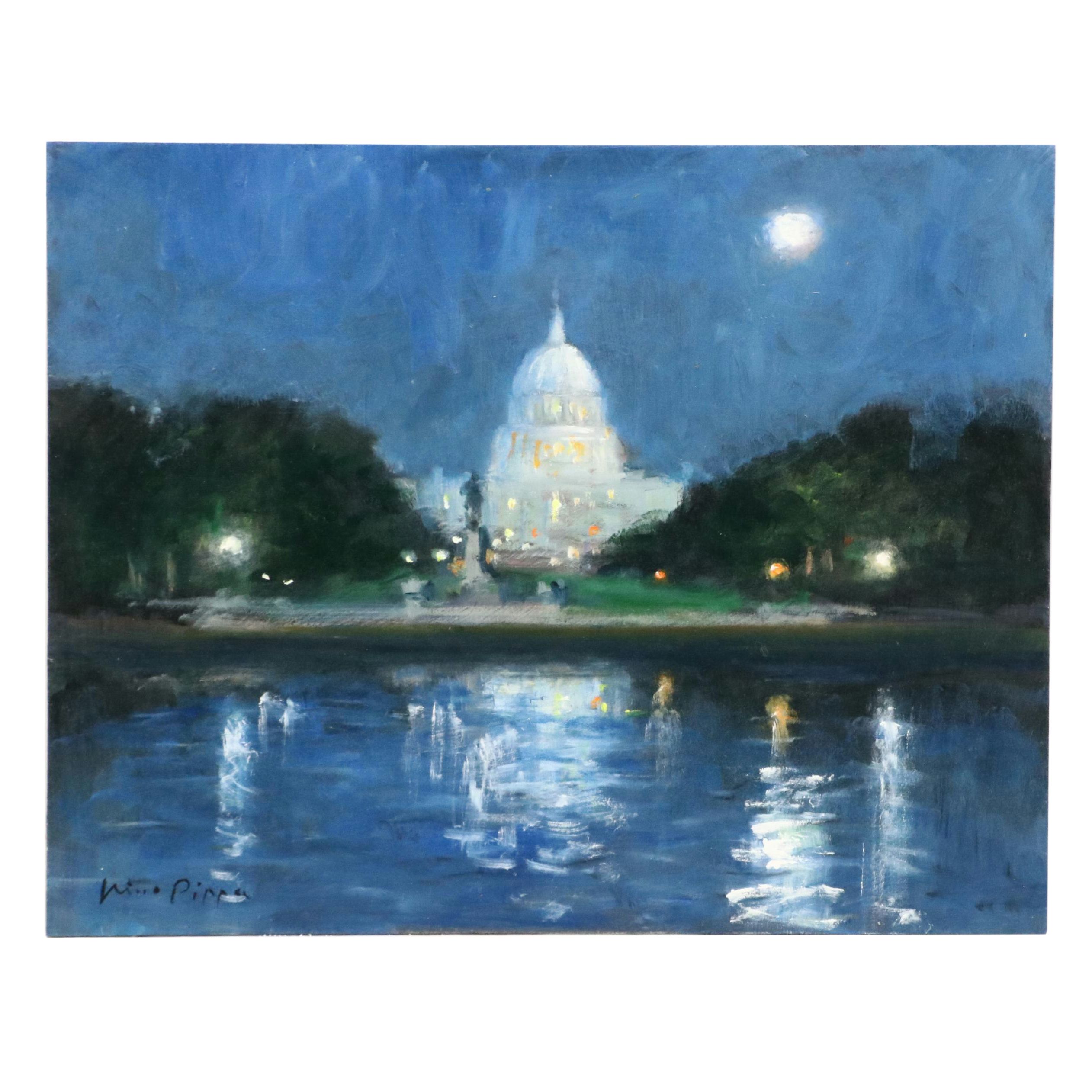 Nino Pippa Oil Painting "Full Moon on Capitol Hill," 2018