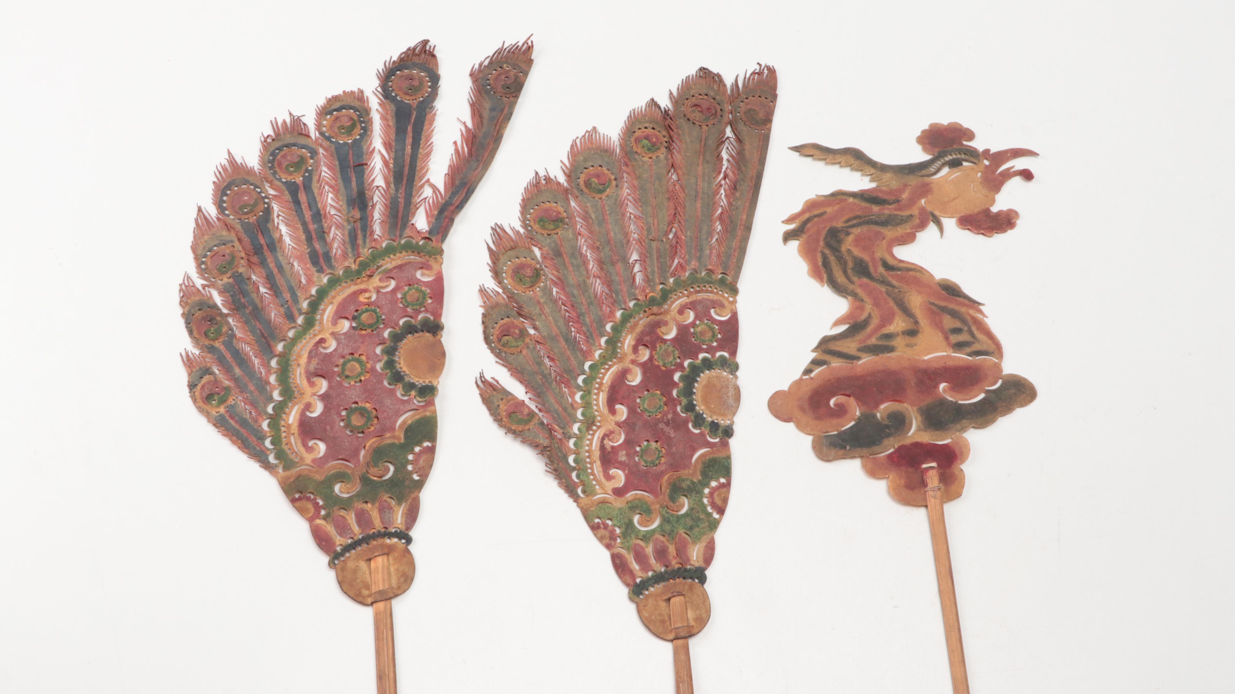 Chinese Phoenix with Wings Vellum Shadow Puppet on Wood Sticks, Circa 1870