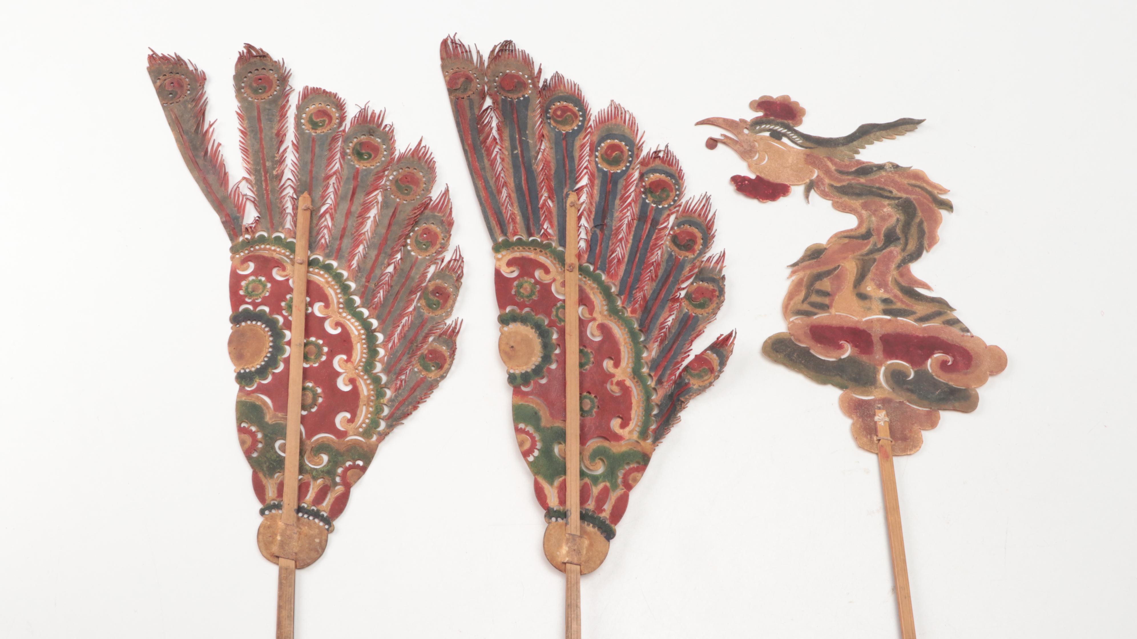 Chinese Phoenix with Wings Vellum Shadow Puppet on Wood Sticks, Circa 1870