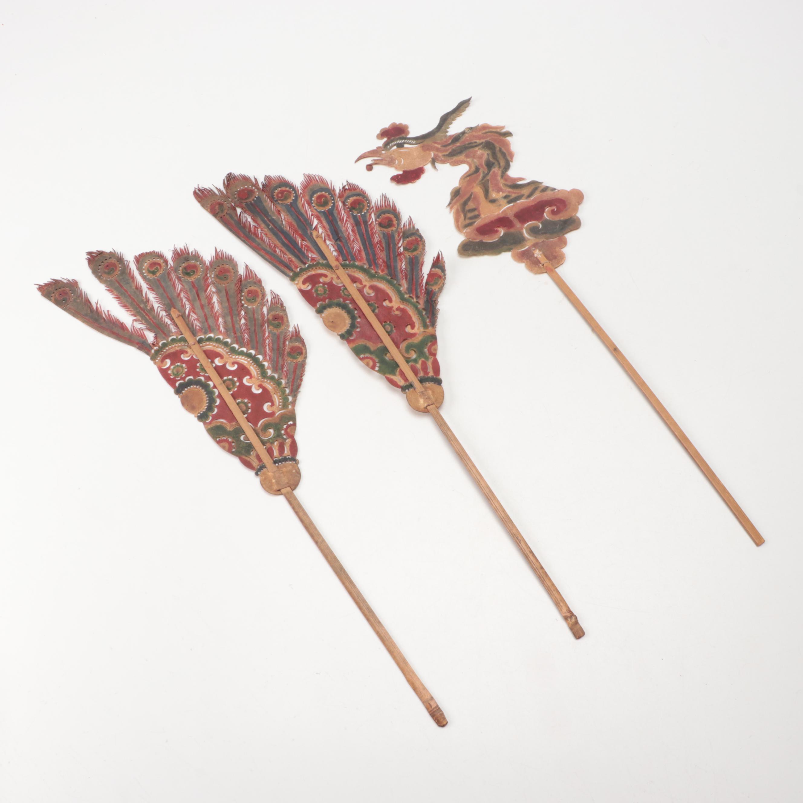 Chinese Phoenix with Wings Vellum Shadow Puppet on Wood Sticks, Circa 1870