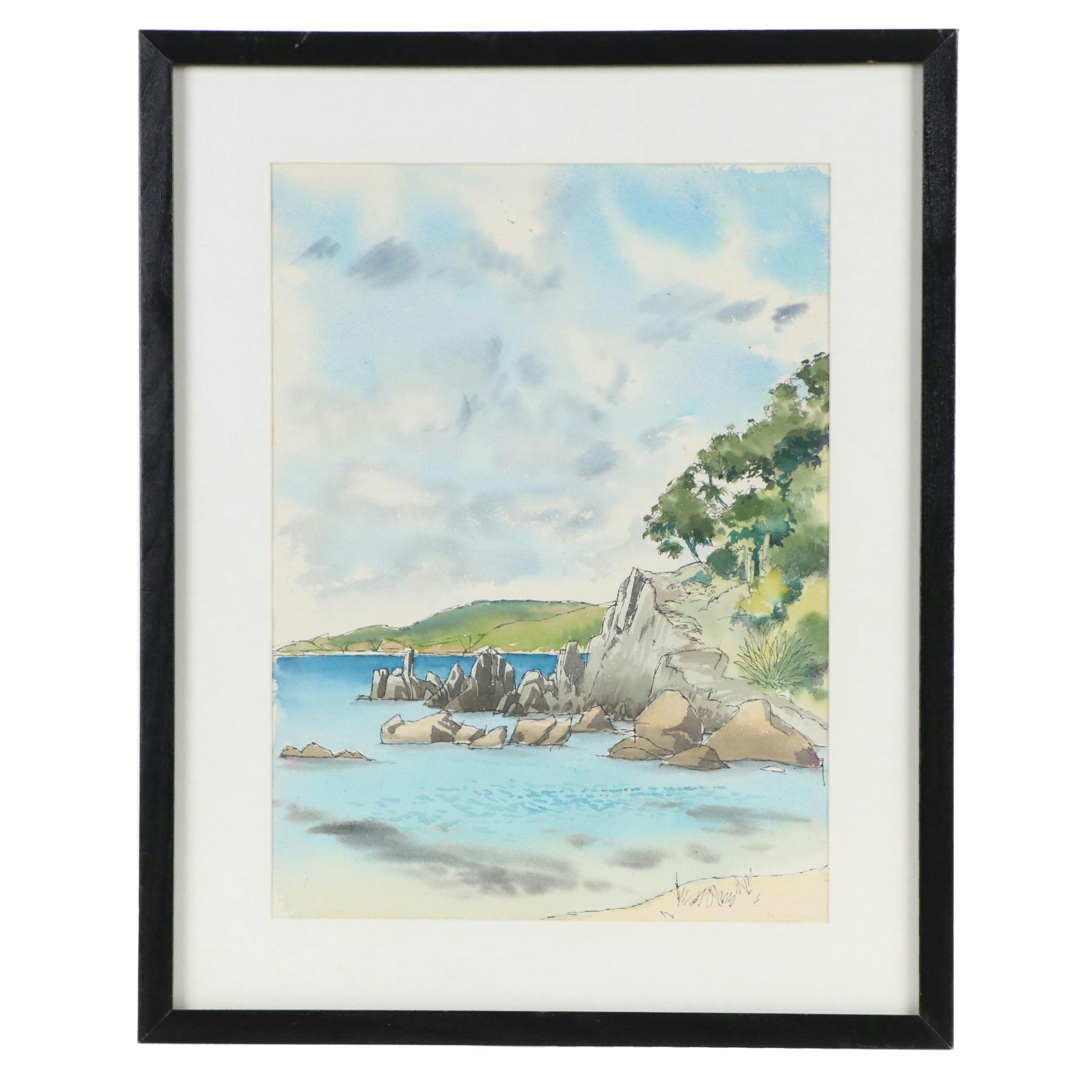 Coastal Rocky Landscape Watercolor Painting, Late 20th Century