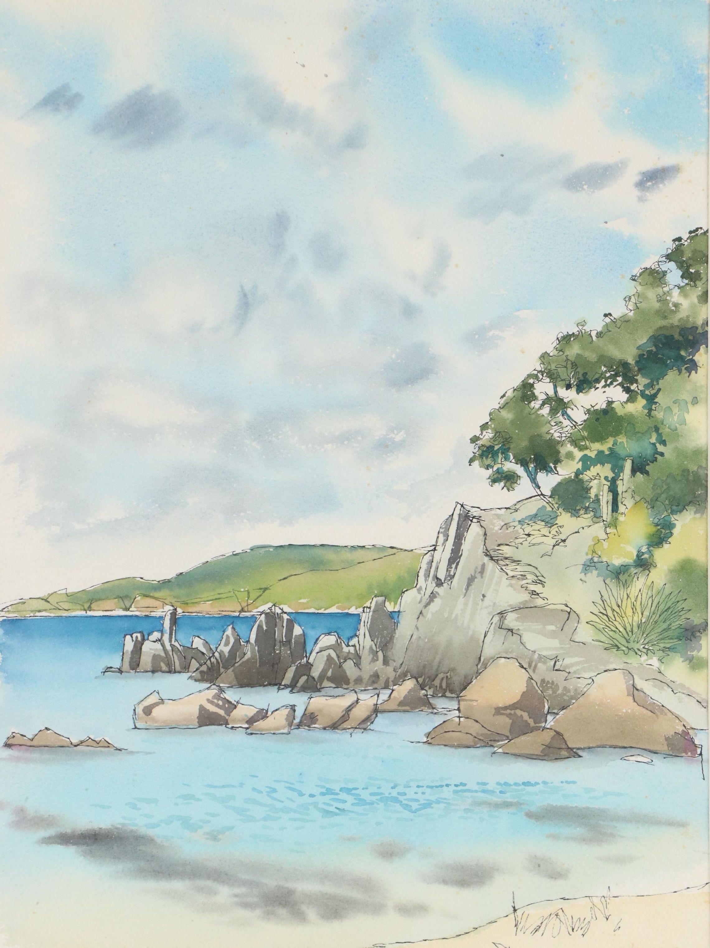 Coastal Rocky Landscape Watercolor Painting, Late 20th Century